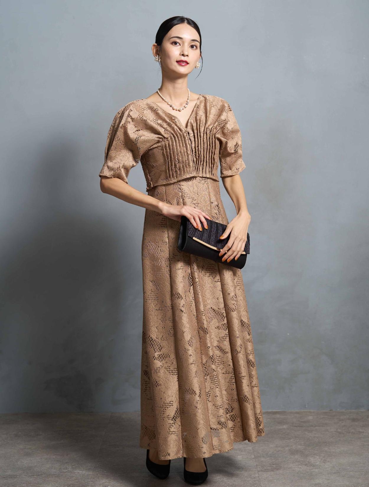 M】ジャガードアンサンブルドレス（ベージュ）DPSET0662のレンタル