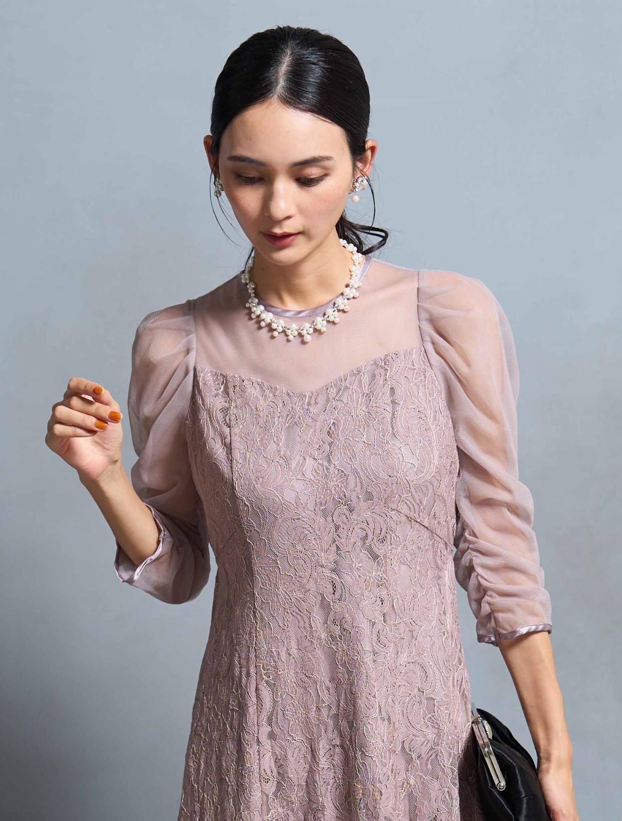 M】シアースリーブ×レースドレス（ピンクベージュ）DPSET0667の