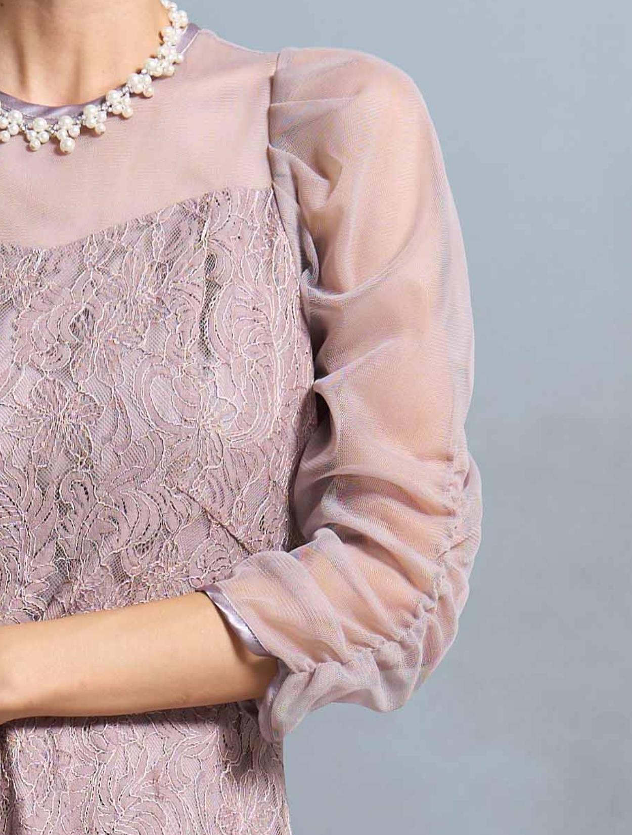 M】シアースリーブ×レースドレス（ピンクベージュ）DPSET0667の