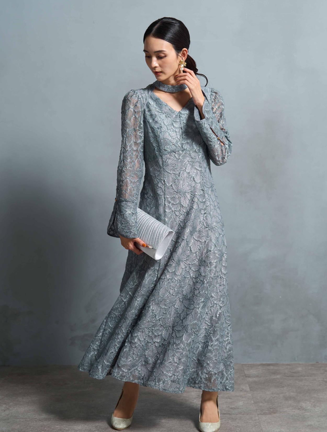 M】総フラワーレースロングスリーブドレス（Lグレー）DPSET0720の