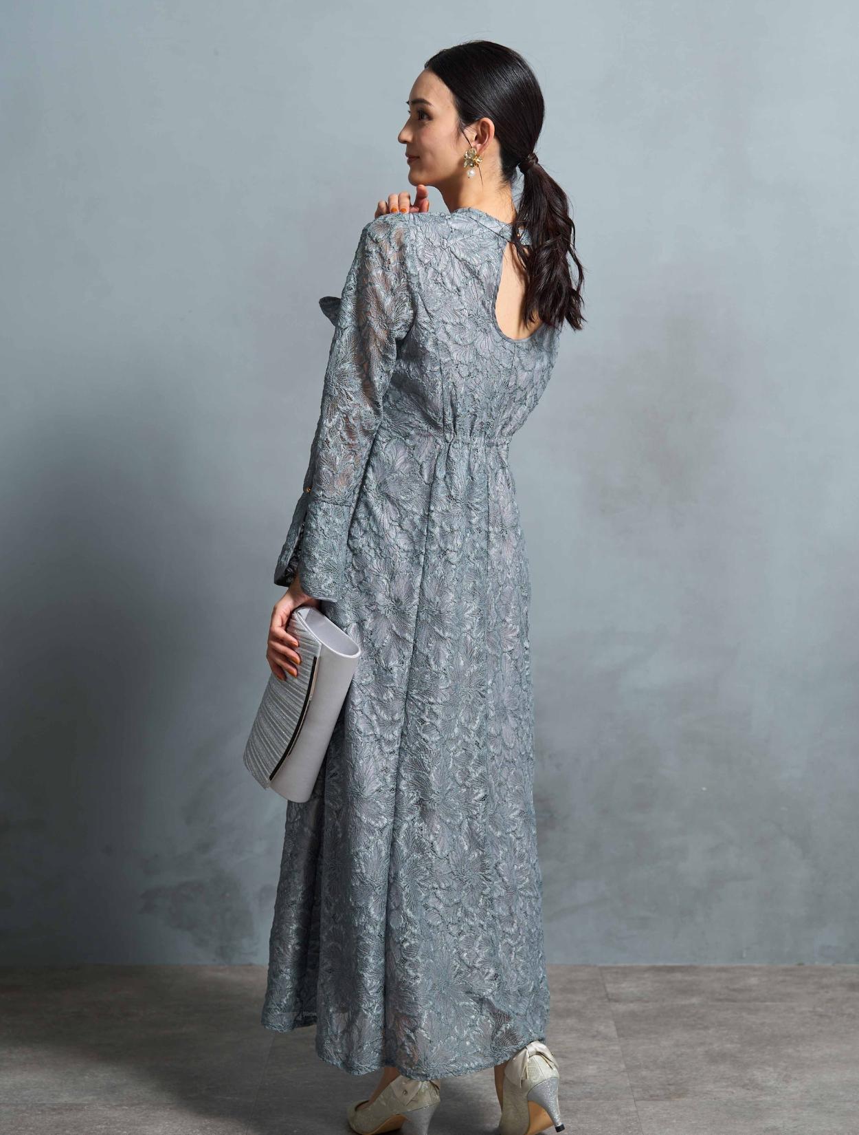 ＜関税込＞DVF＊ロングカフス ミディラップドレス PK 総フラワーレースハイウエスト切替ロングドレス パーティー