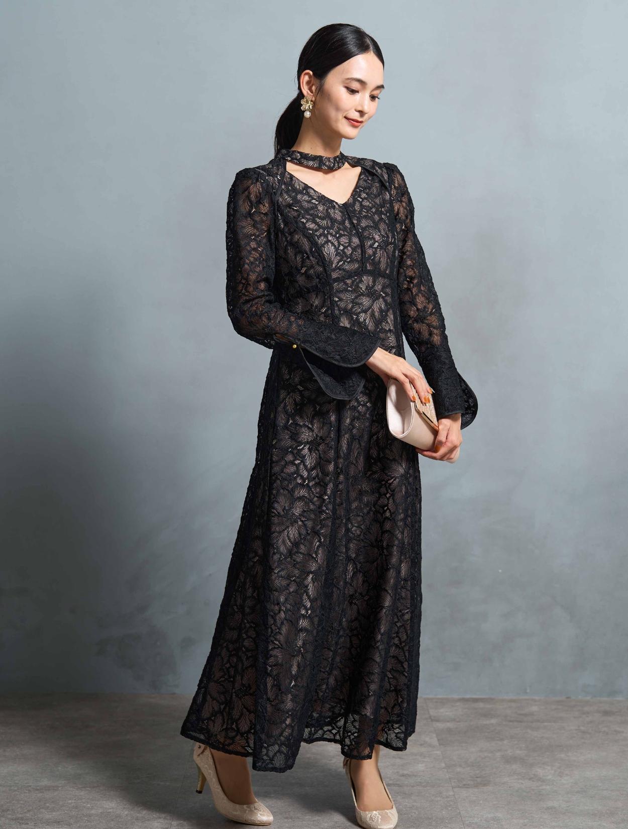 美品✨現行タグ VALENTINO シルクフラワー総レース 切替ドレス S M】総フラワーレースロングスリーブドレス(ブラック)DPSET0722