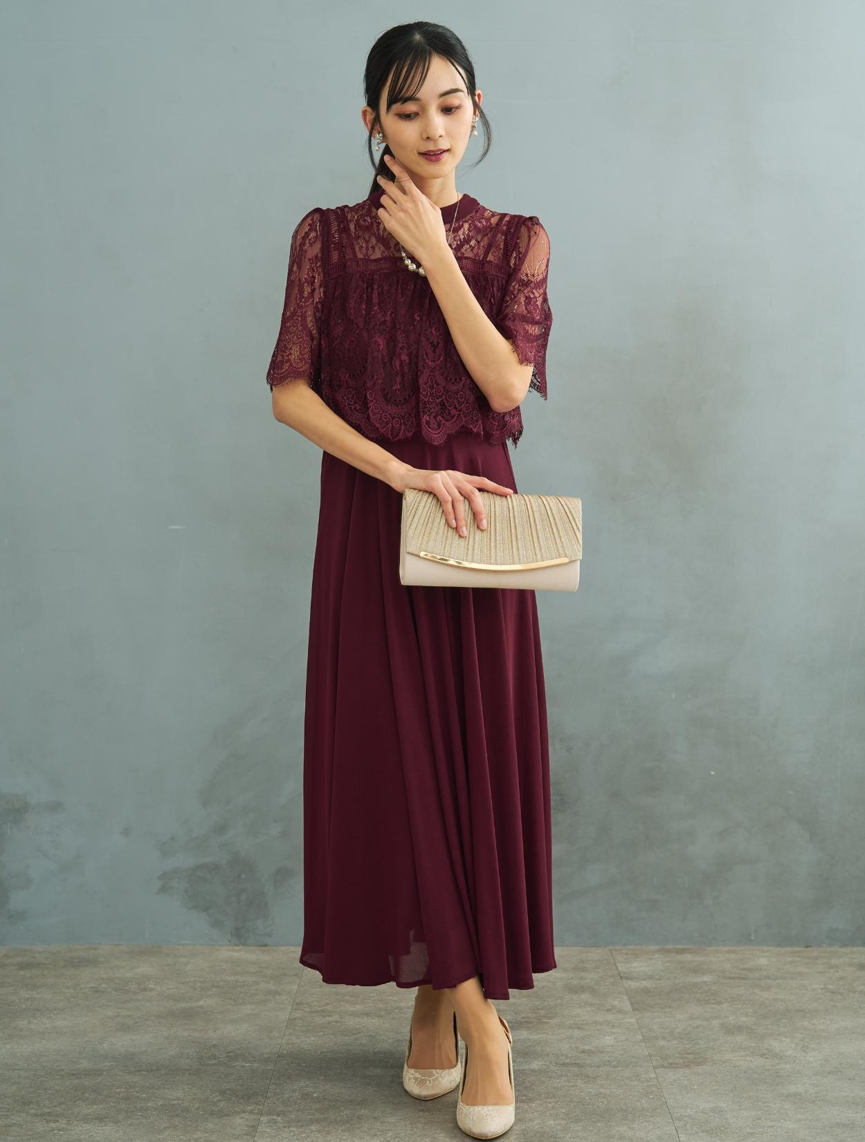 M/L】ブラウス風レースロングドレス（ボルドー）DPSET0728のレンタル