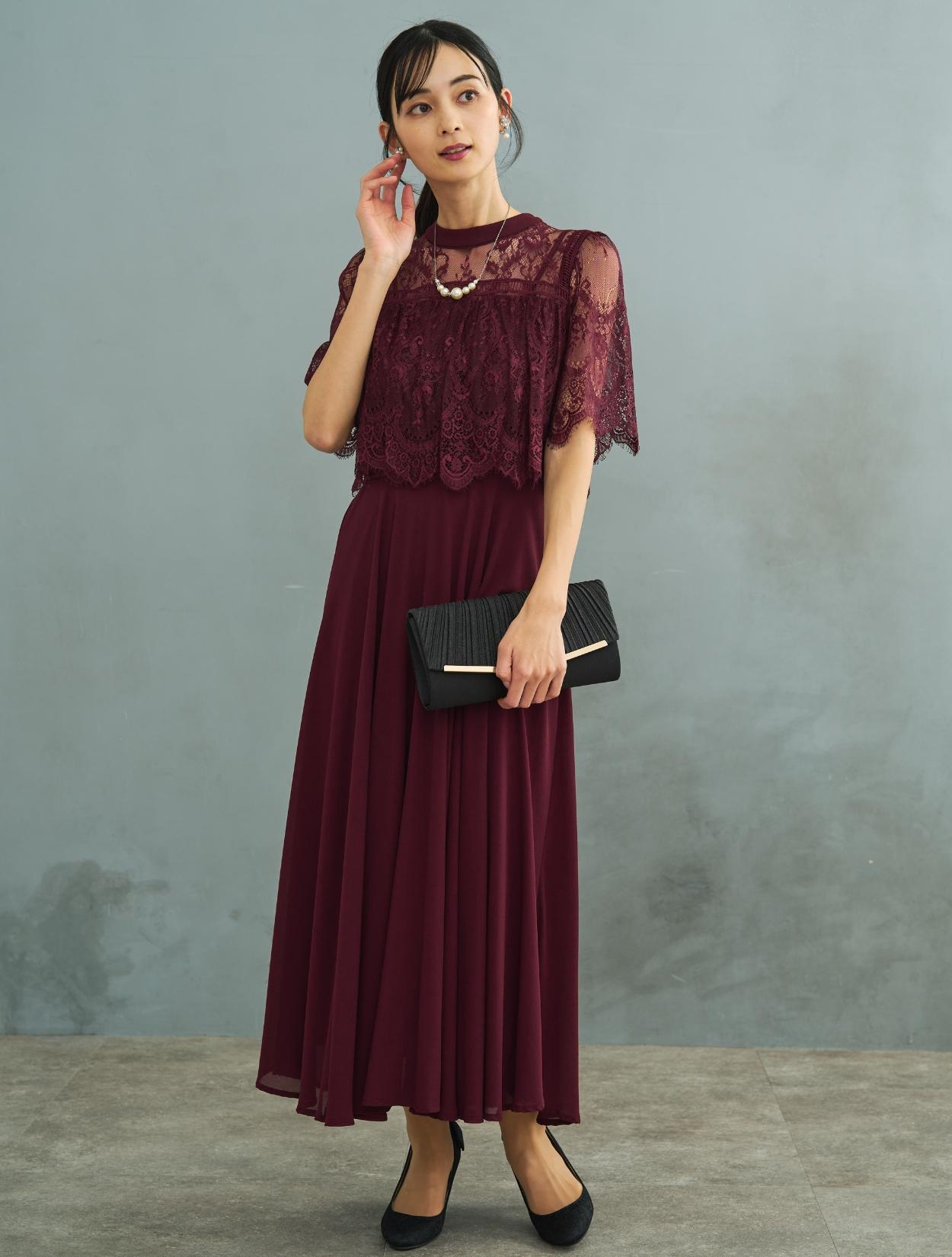 M/L】ブラウス風レースロングドレス（ボルドー）DPSET0729の
