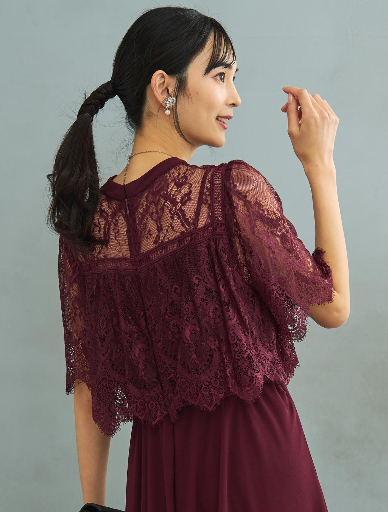 ジャーマクレーン　ボルドー　ロングドレス M/L】ブラウス風レースロングドレス（ボルドー）DPSET0729の