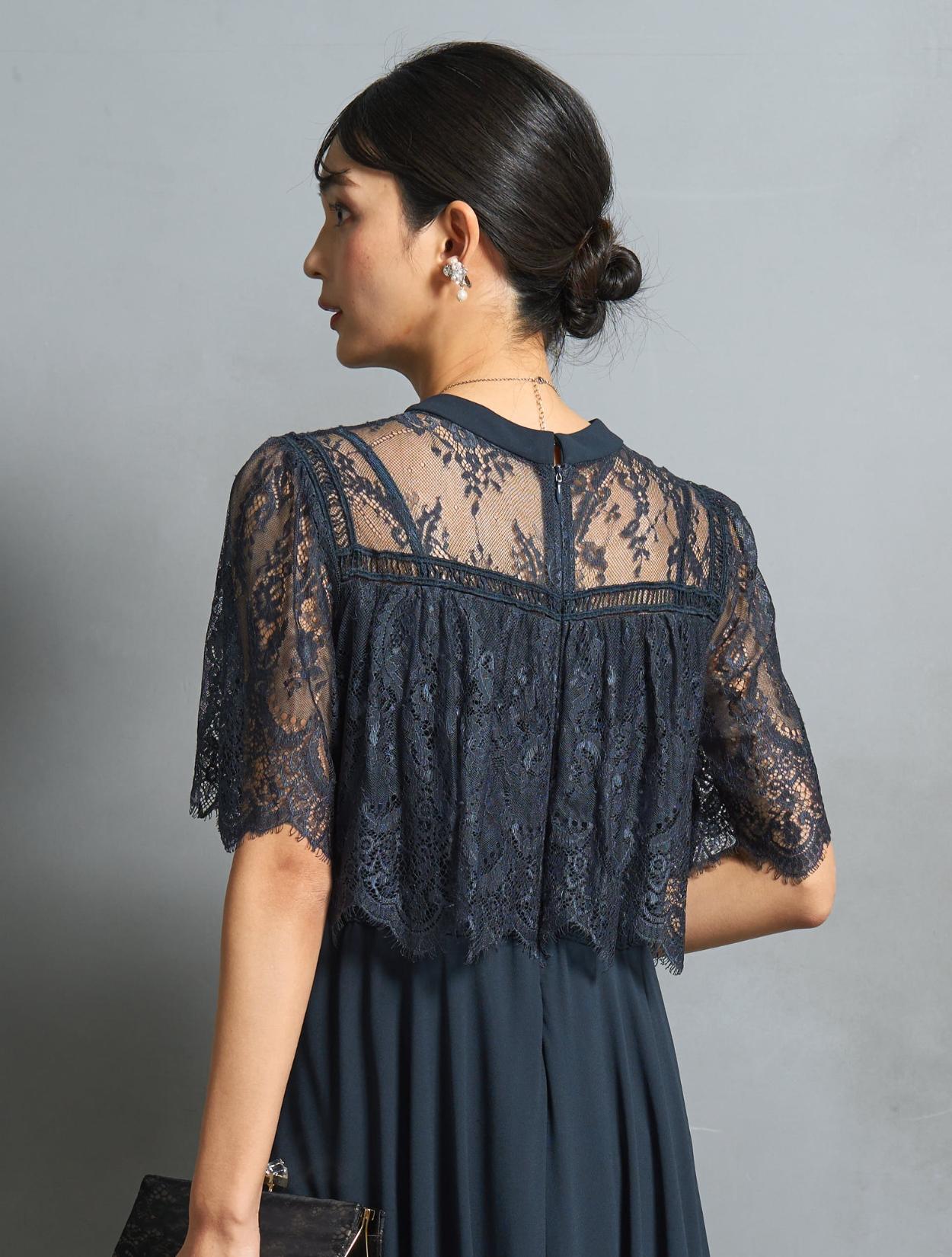 M/L】ブラウス風レースロングドレス（ネイビー）DPSET0658のレンタル