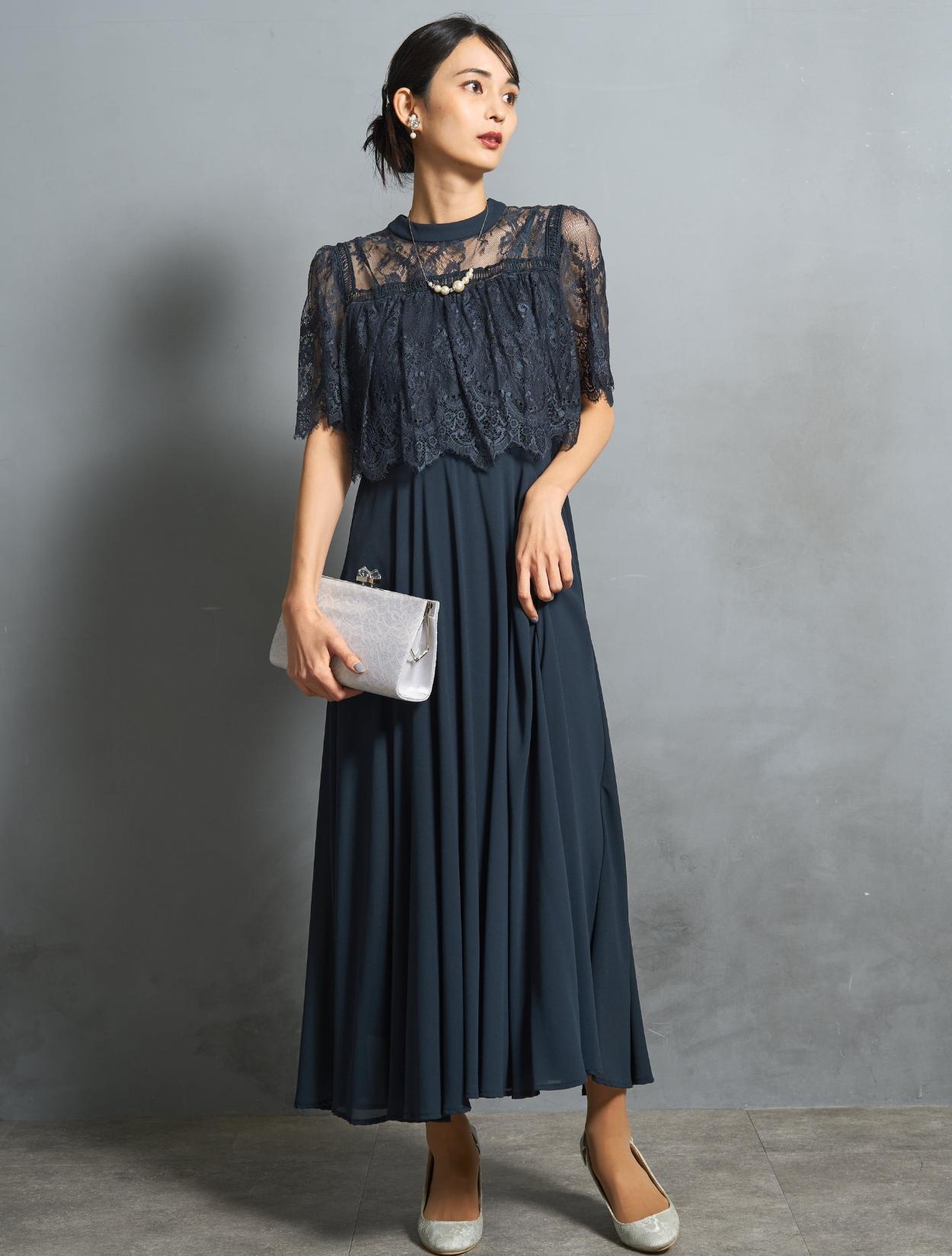 ネイビー レース　ロングドレス M/L】ブラウス風レースロングドレス（ネイビー）DPSET0659の