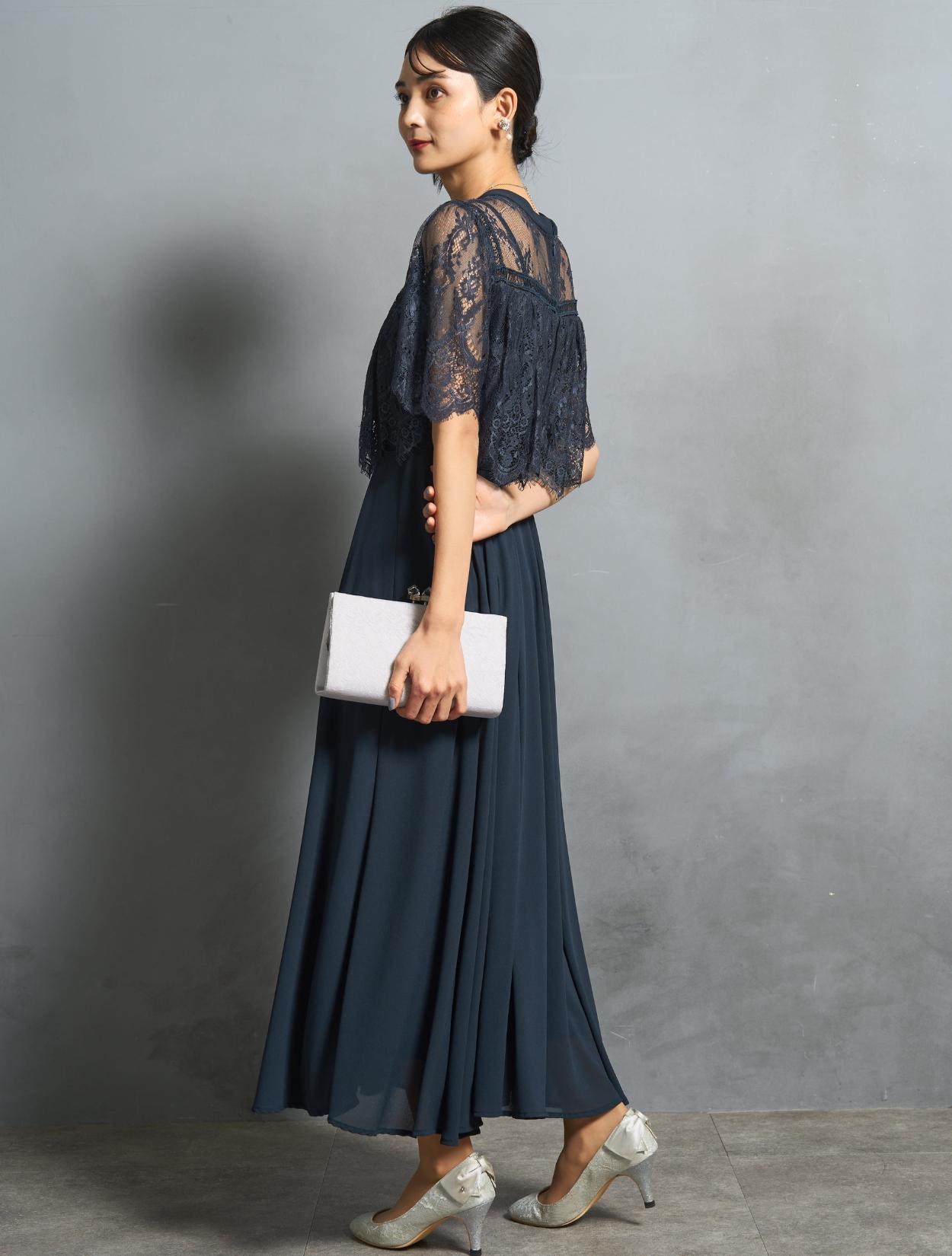 M/L】ブラウス風レースロングドレス（ネイビー）DPSET0659の
