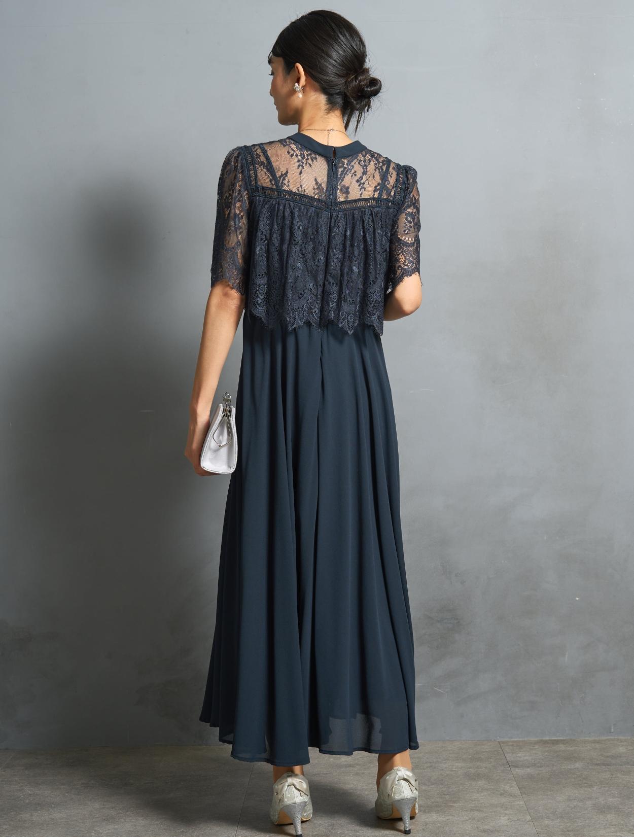 M/L】ブラウス風レースロングドレス（ネイビー）DPSET0659のレンタル