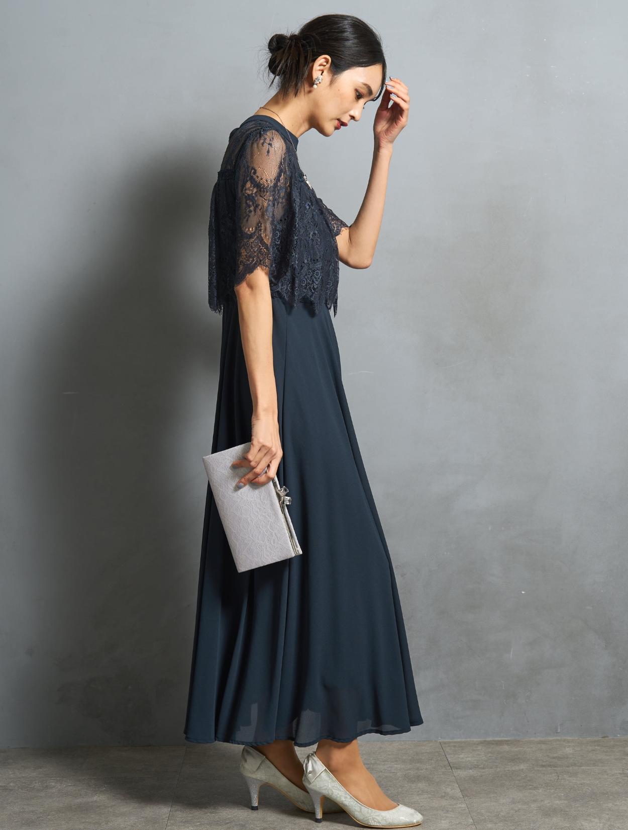 ネイビー レース　ロングドレス M/L】ブラウス風レースロングドレス（ネイビー）DPSET0659の