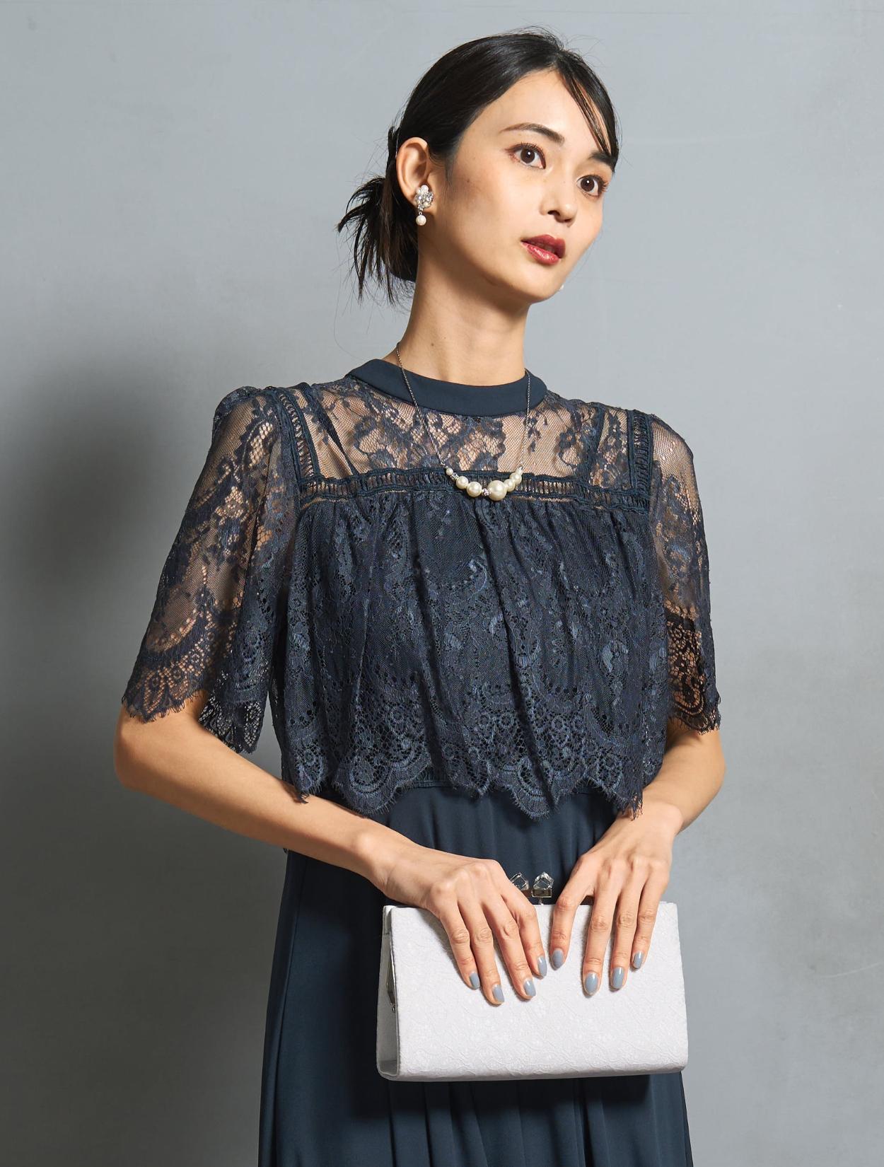 M/L】ブラウス風レースロングドレス（ネイビー）DPSET0659のレンタル