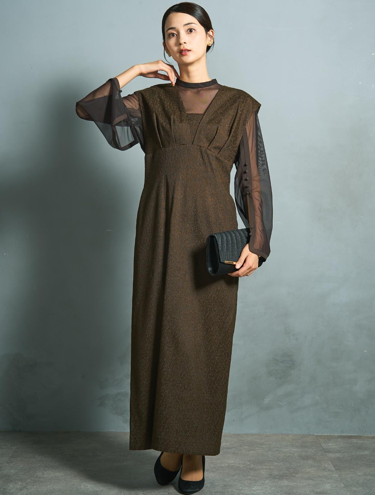 M/L】シアートップス付きジャガードドレス（ブラウンカーキ