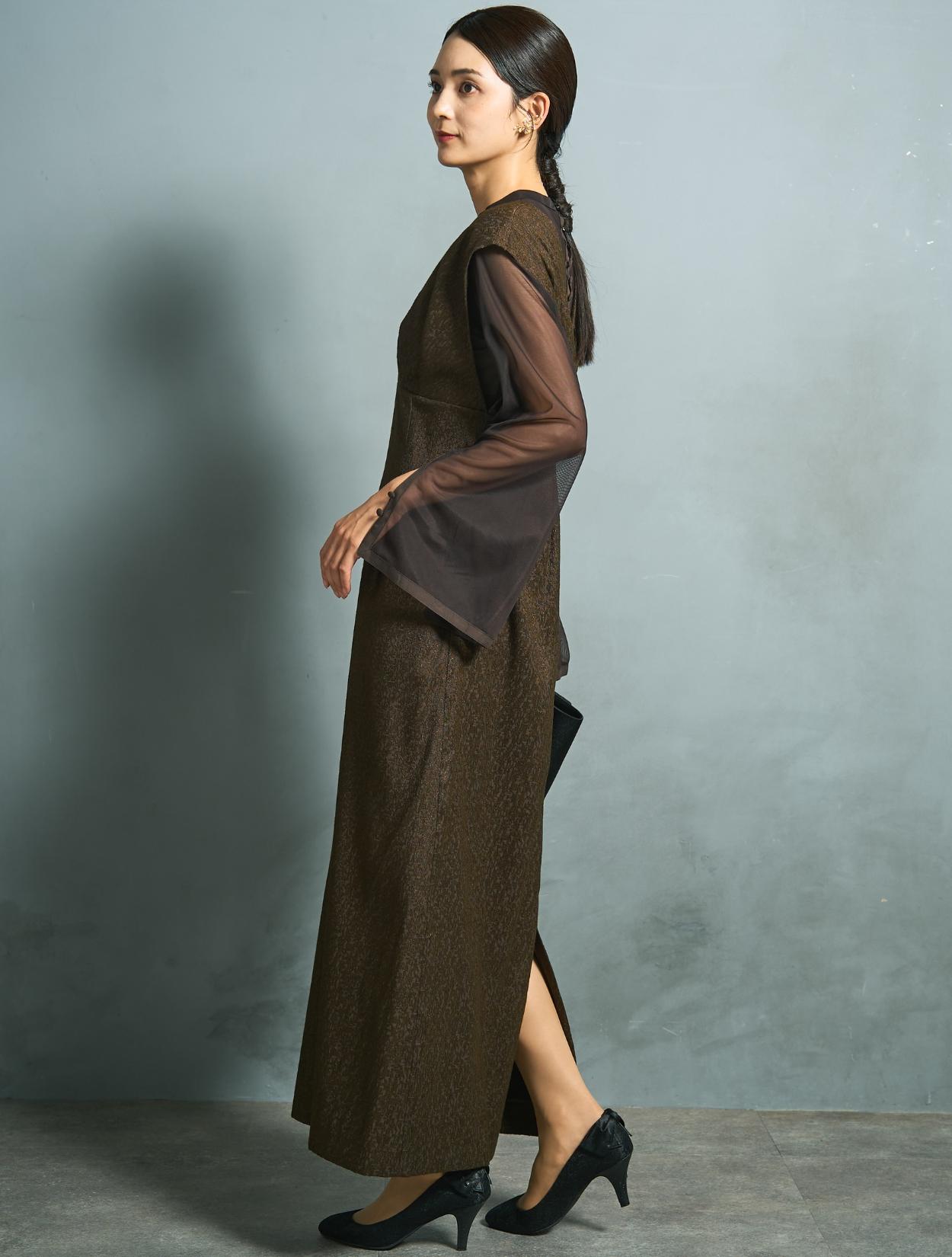 M/L】シアートップス付きジャガードドレス（ブラウンカーキ）DPSET0762