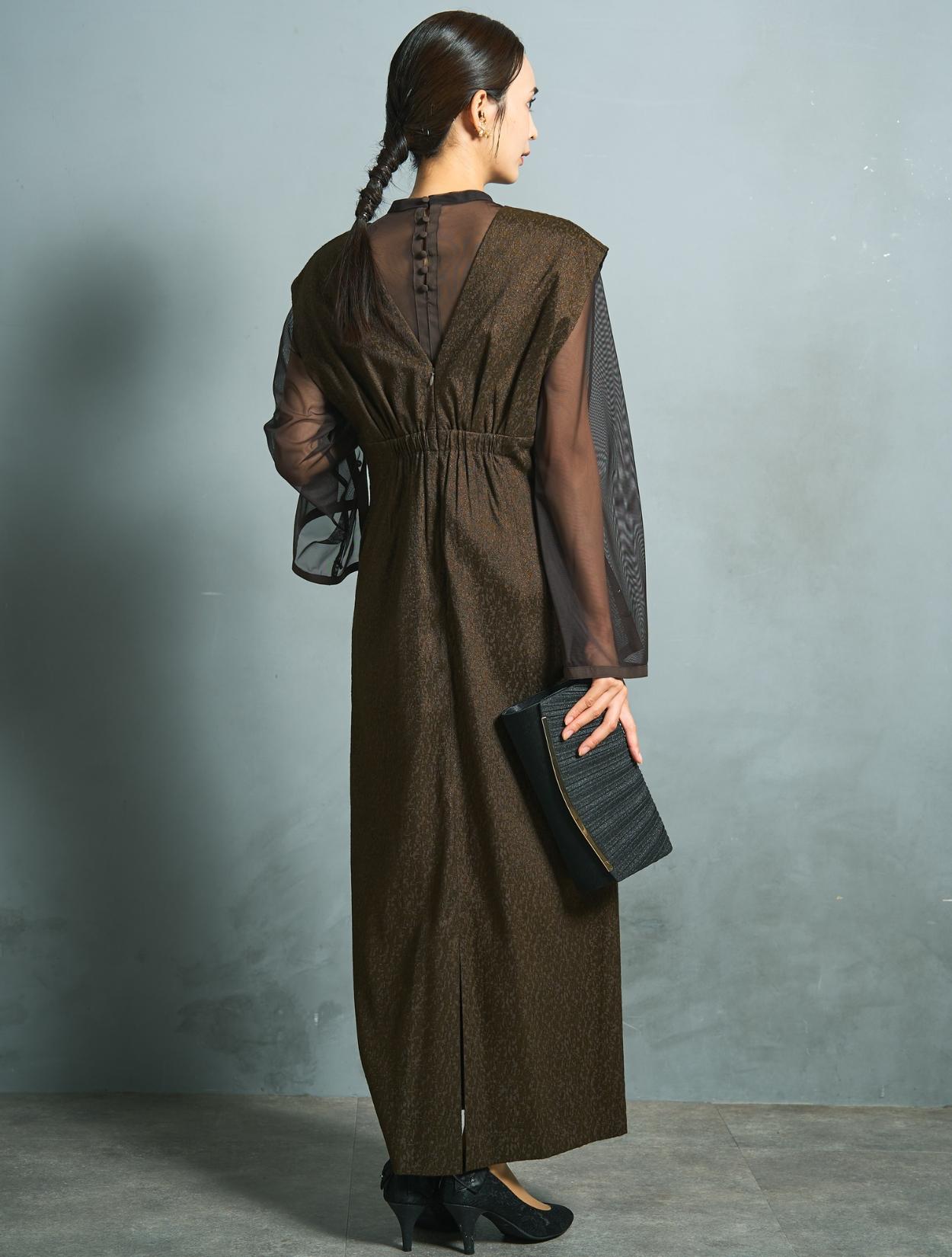 M/L】シアートップス付きジャガードドレス（ブラウンカーキ