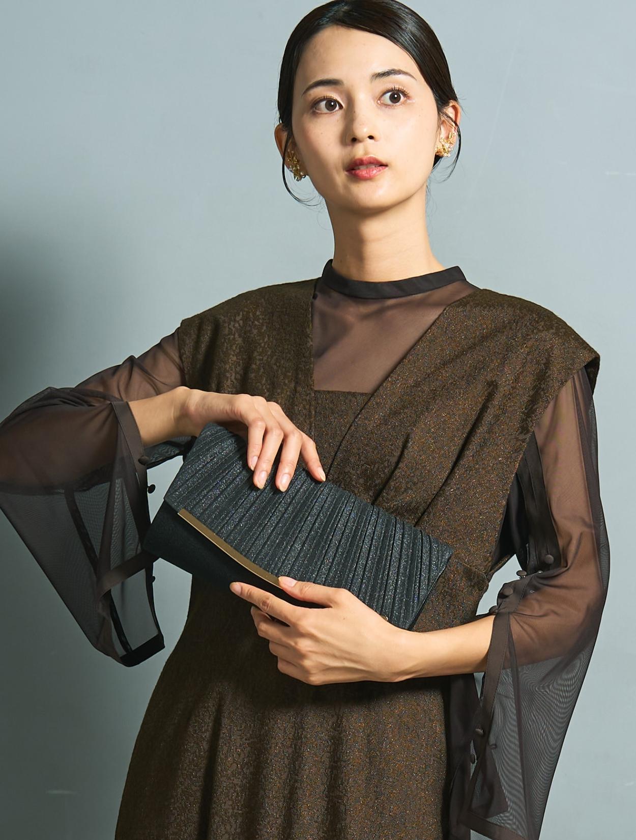 M/L】シアートップス付きジャガードドレス（ブラウンカーキ