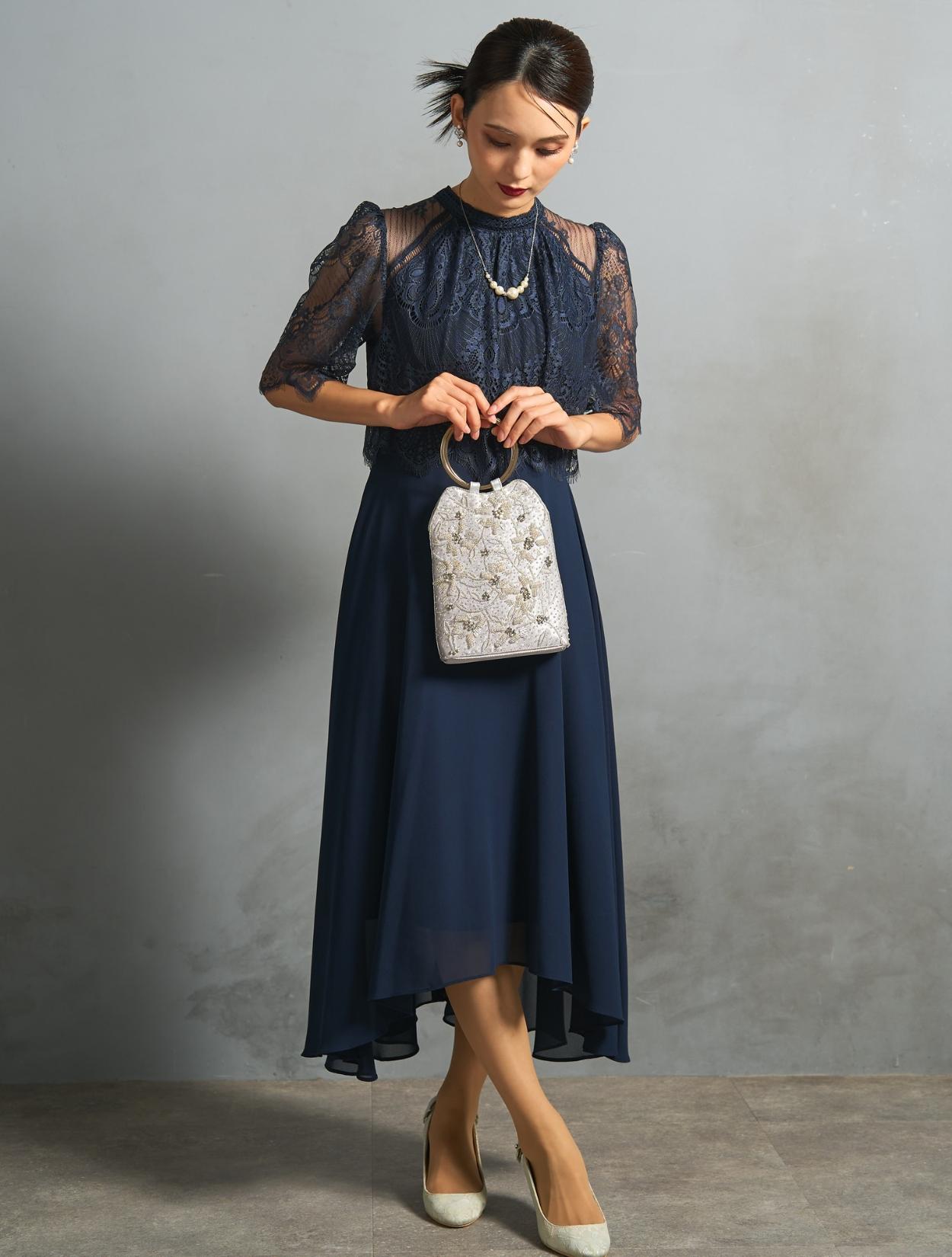 M/L】レーストップスヘム裾ドレス（ネイビー）DPSET0854のレンタル