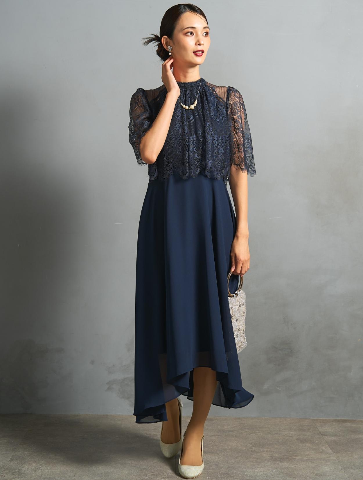 M/L】レーストップスヘム裾ドレス（ネイビー）DPSET0854のレンタル