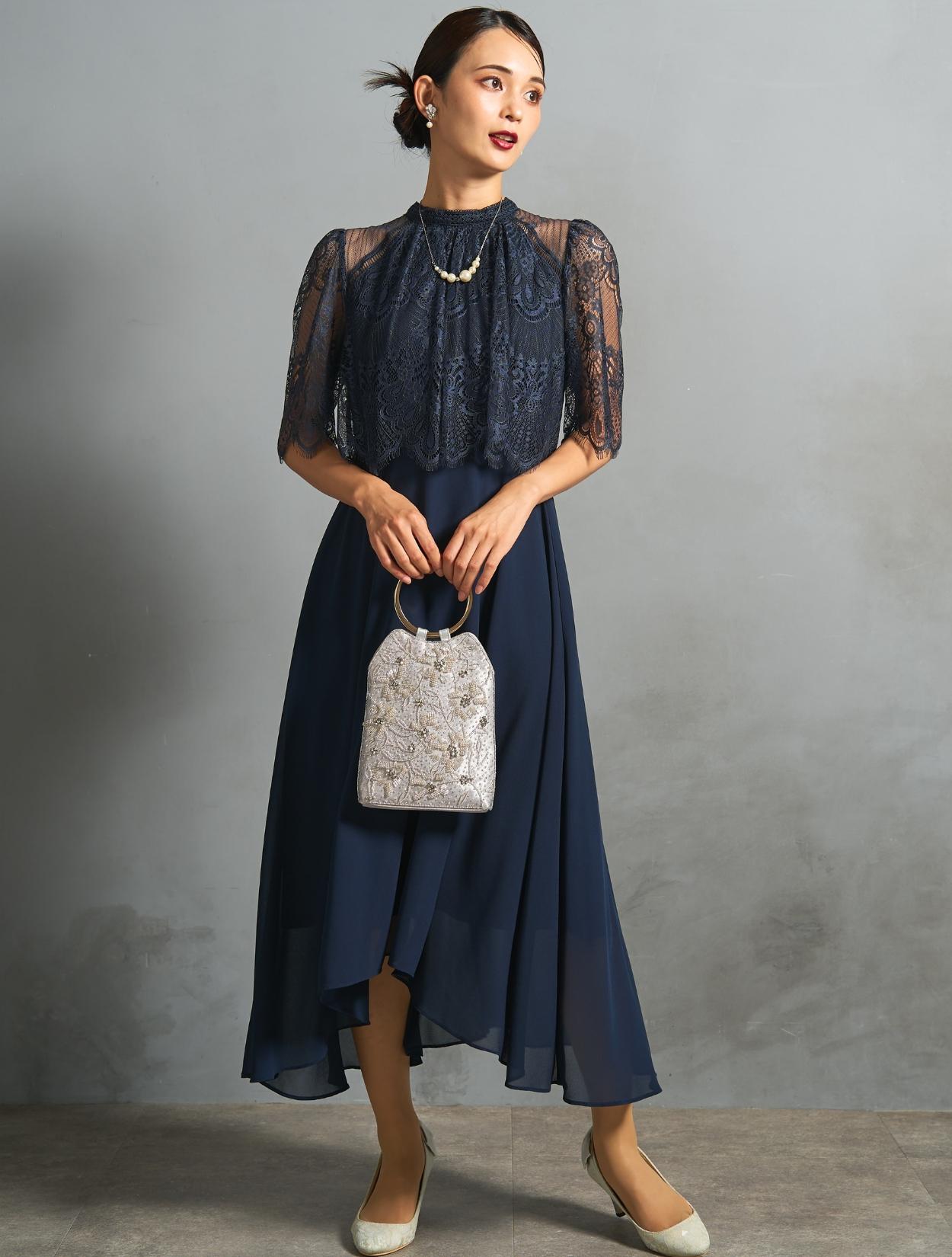 M/L】レーストップスヘム裾ドレス（ネイビー）DPSET0854のレンタル