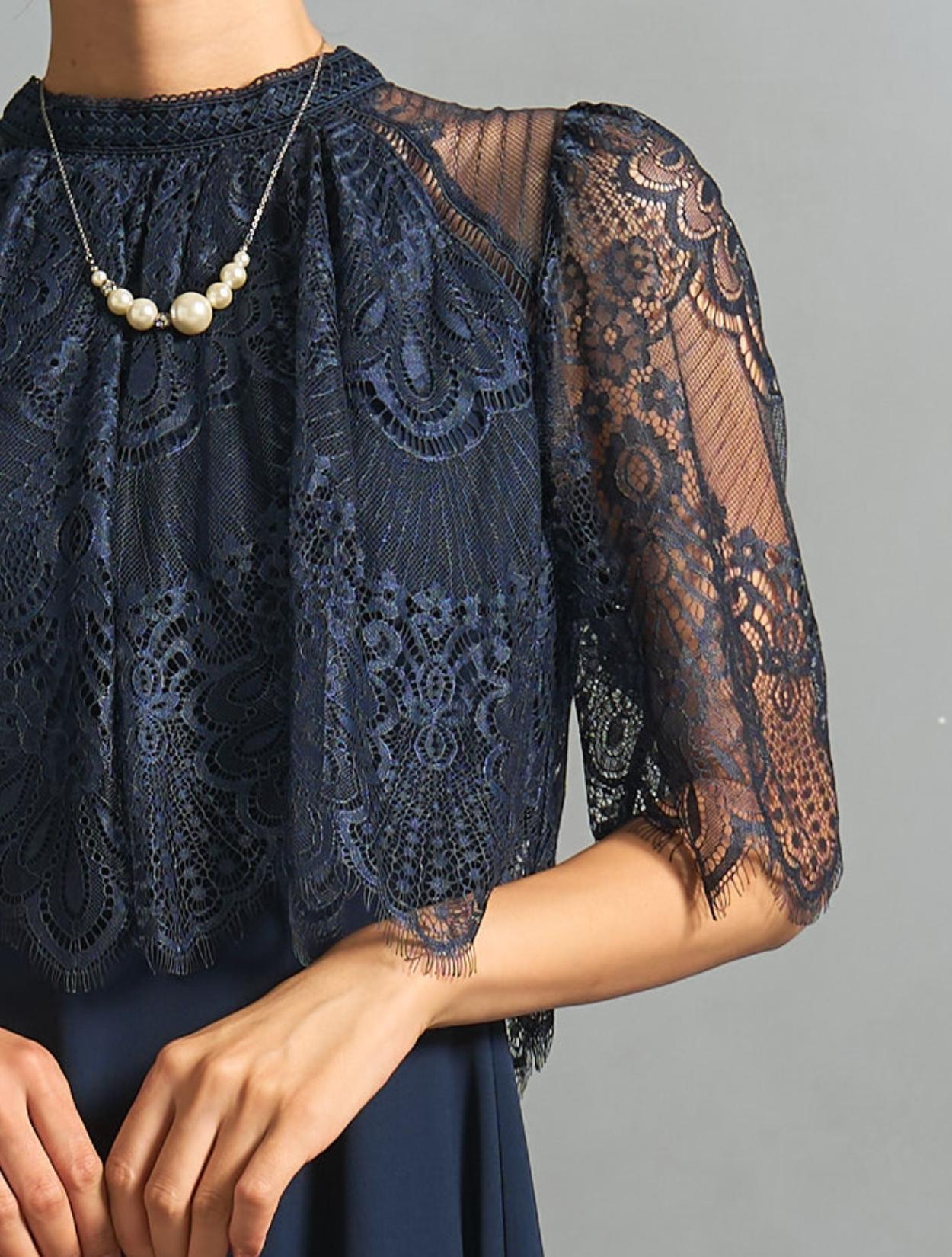 M/L】レーストップスヘム裾ドレス（ネイビー）DPSET0854のレンタル