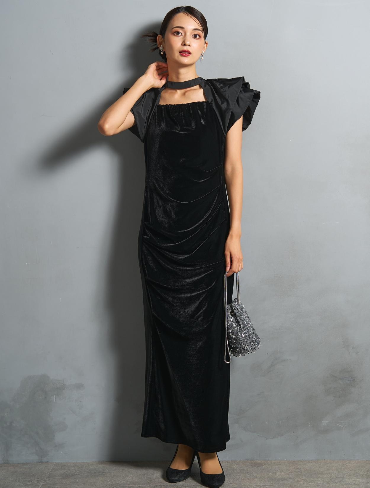 M/L】ベロア×タフタドレープドレス（ブラック）DPSET0866のレンタル