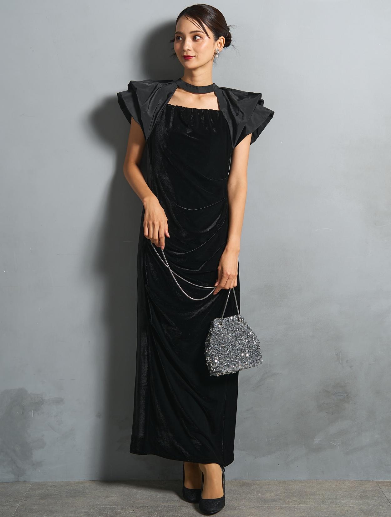 M/L】ベロア×タフタドレープドレス（ブラック）DPSET0866のレンタル