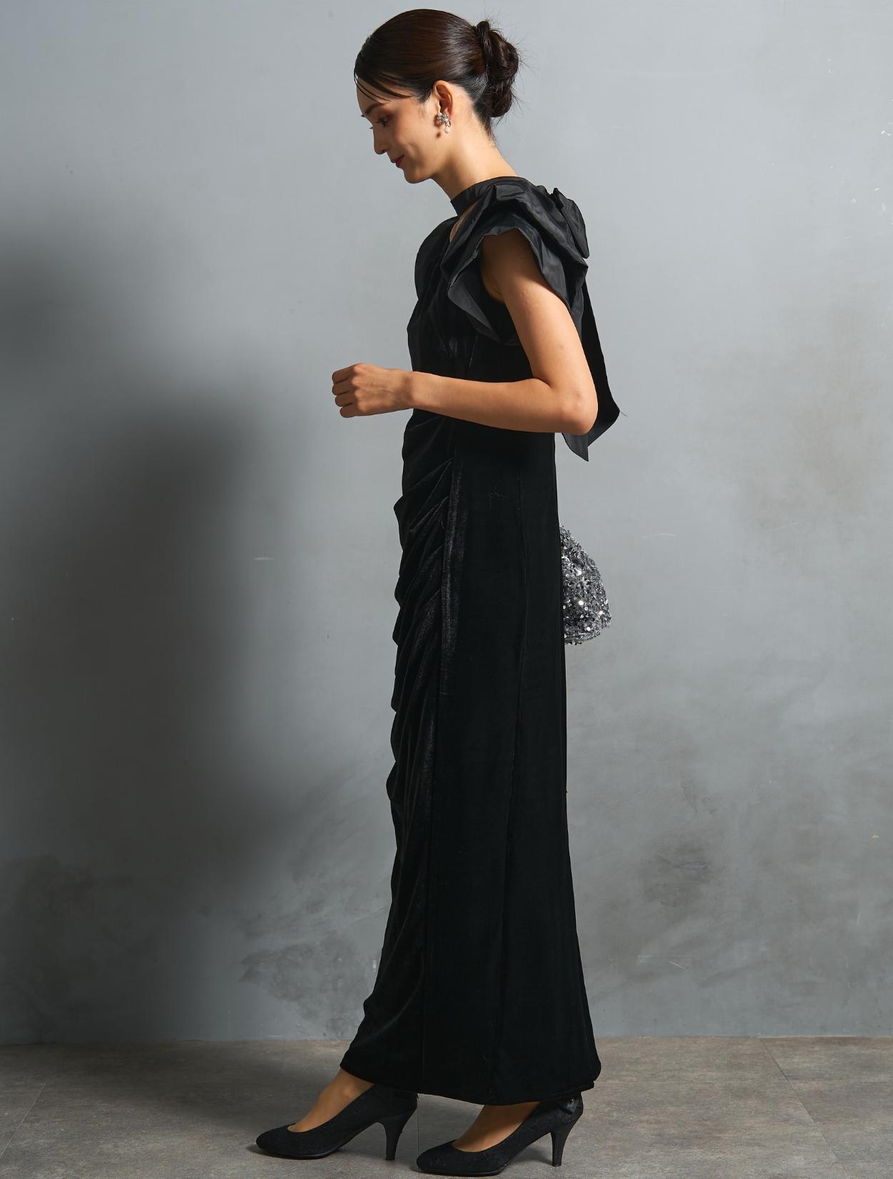 M/L】ベロア×タフタドレープドレス（ブラック）DPSET0866のレンタル