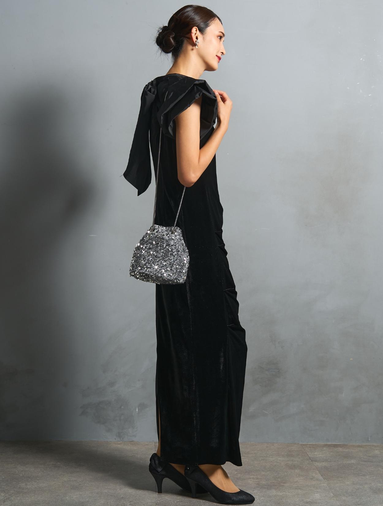 M/L】ベロア×タフタドレープドレス（ブラック）DPSET0866のレンタル