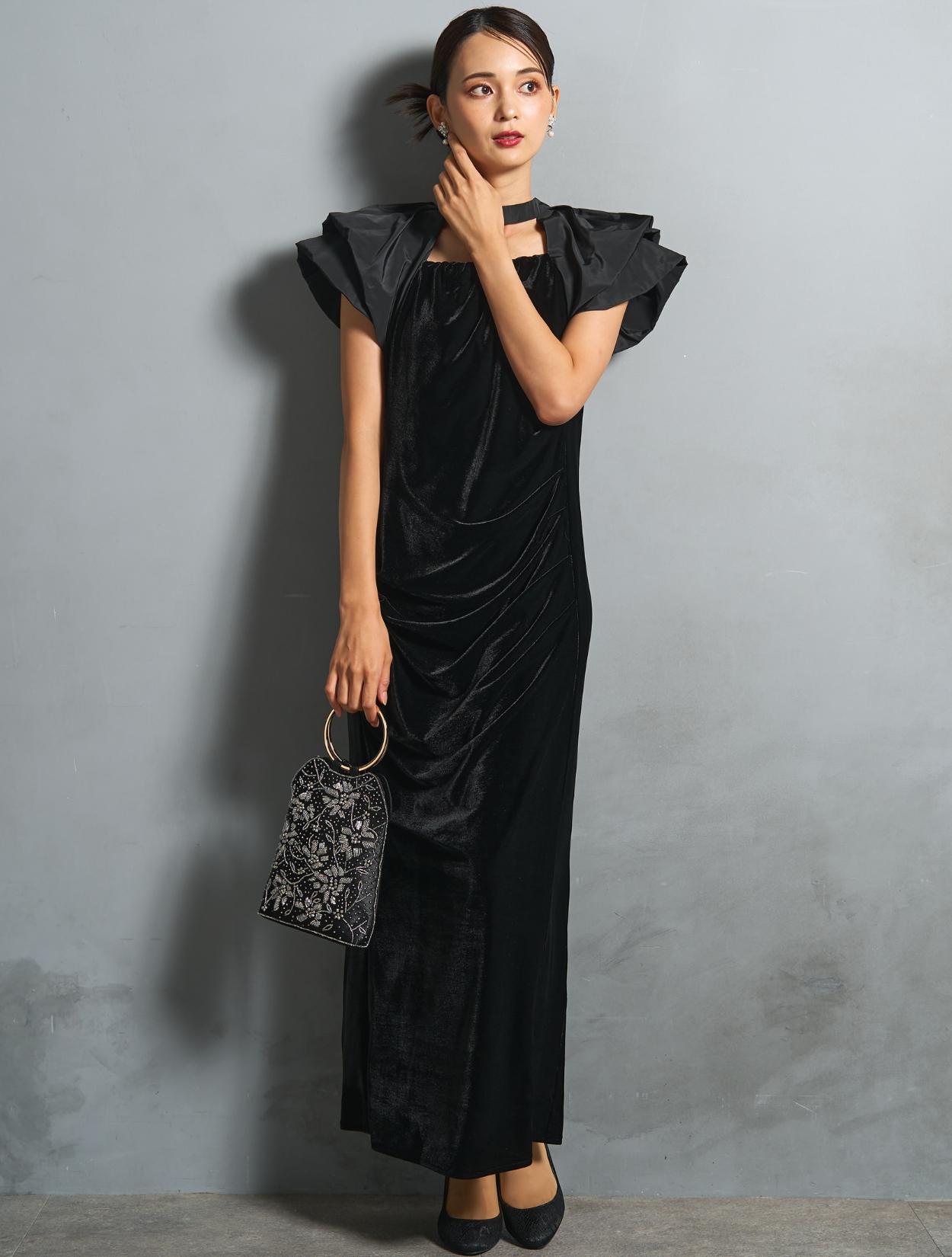 M/L】ベロア×タフタドレープドレス（ブラック）DPSET0867のレンタル