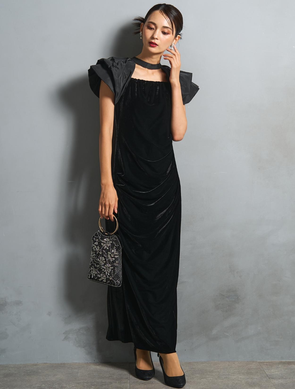 M/L】ベロア×タフタドレープドレス（ブラック）DPSET0867のレンタル