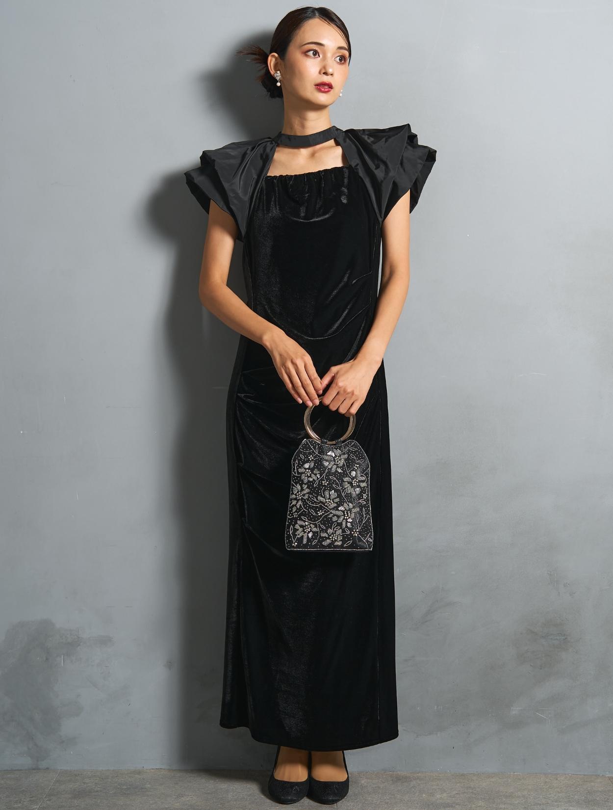 M/L】ベロア×タフタドレープドレス（ブラック）DPSET0867のレンタル