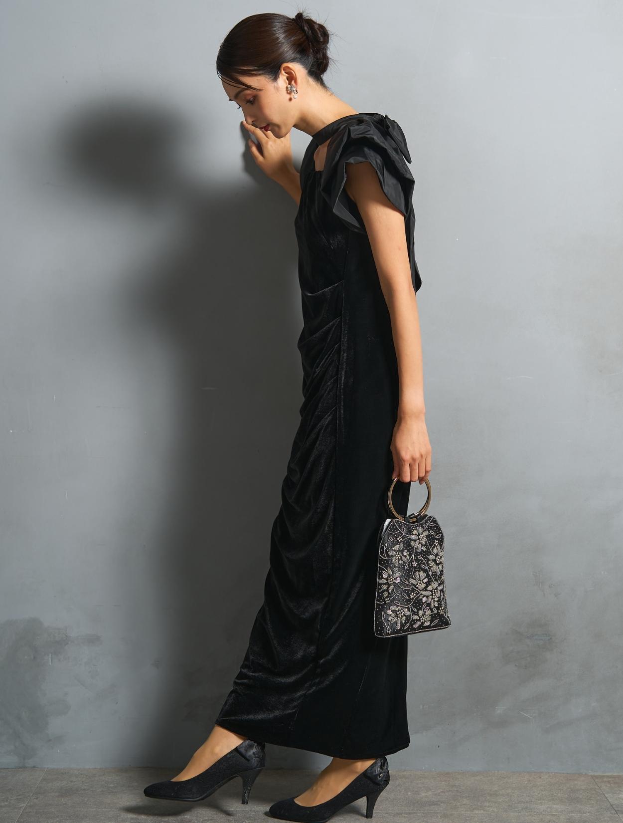 M/L】ベロア×タフタドレープドレス（ブラック）DPSET0867のレンタル