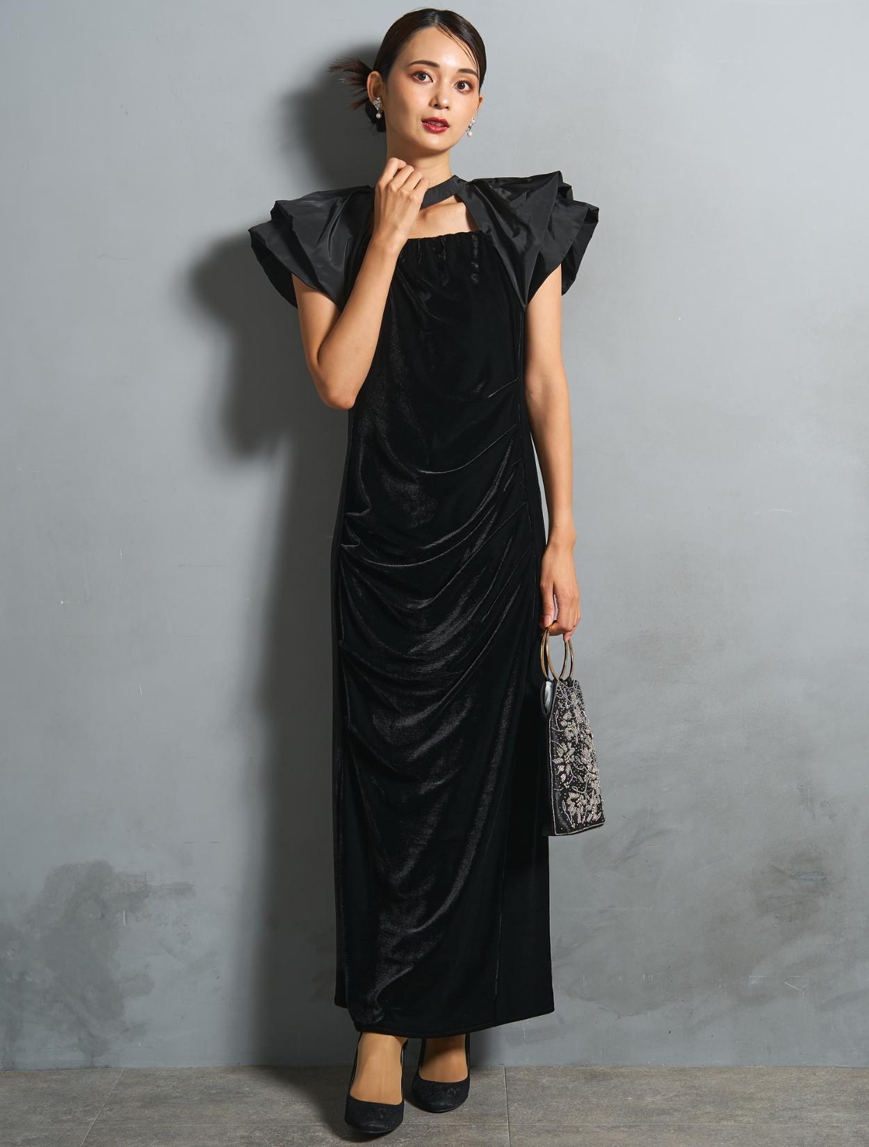 M/L】ベロア×タフタドレープドレス（ブラック）DPSET0867のレンタル