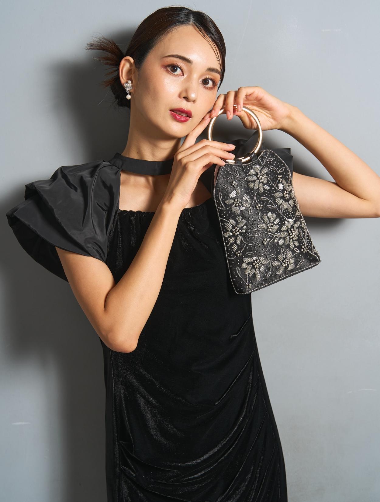 M/L】ベロア×タフタドレープドレス（ブラック）DPSET0867のレンタル