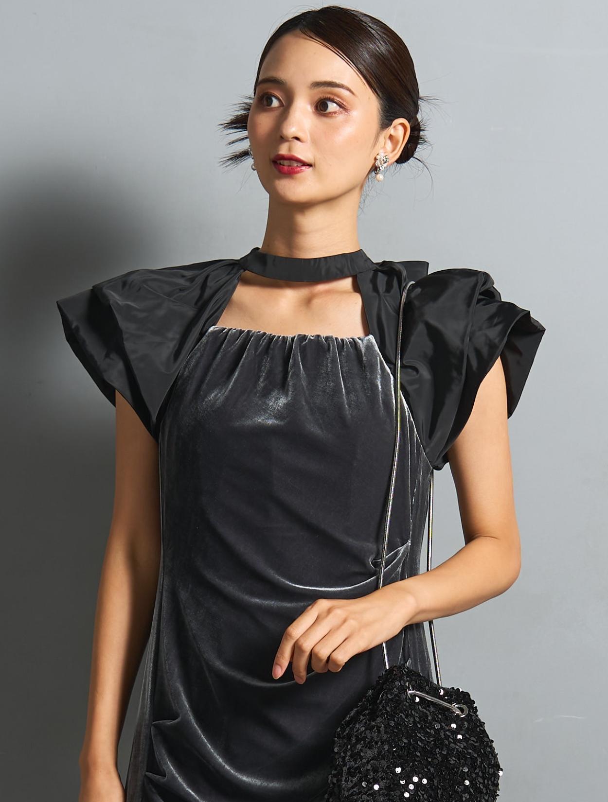 M/L】ベロア×タフタドレープドレス（グレー）DPSET0868のレンタル