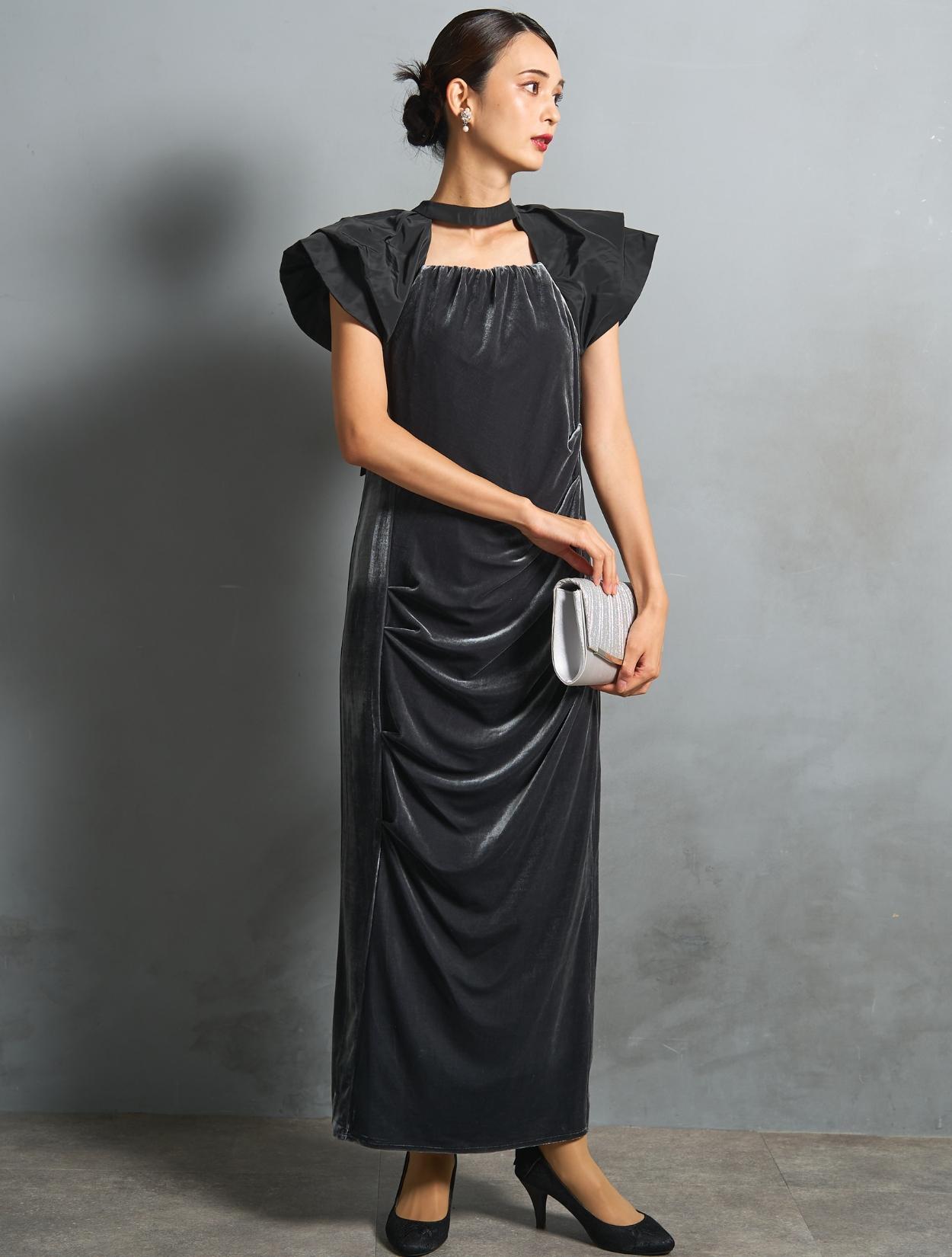 M/L】ベロア×タフタドレープドレス（グレー）DPSET0869のレンタル