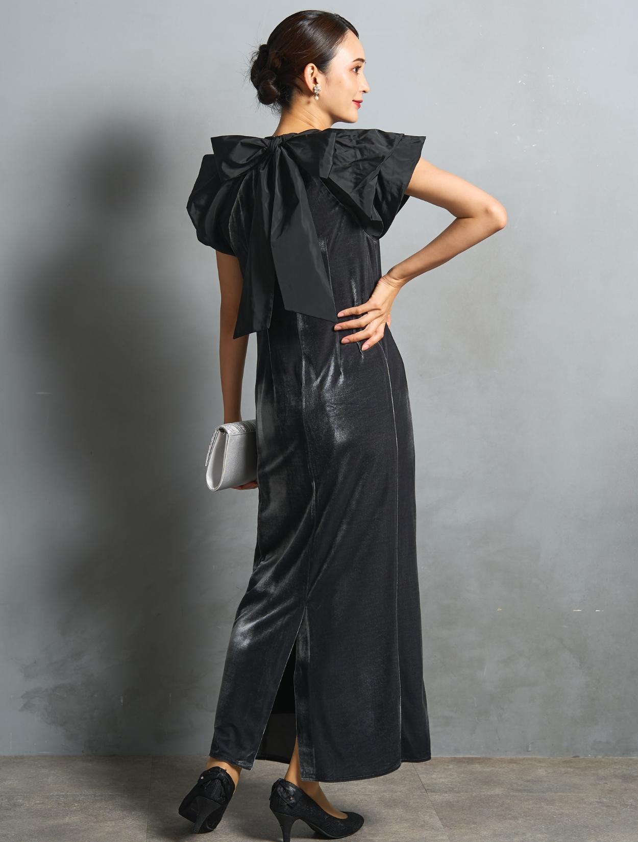 M/L】ベロア×タフタドレープドレス（グレー）DPSET0869のレンタル