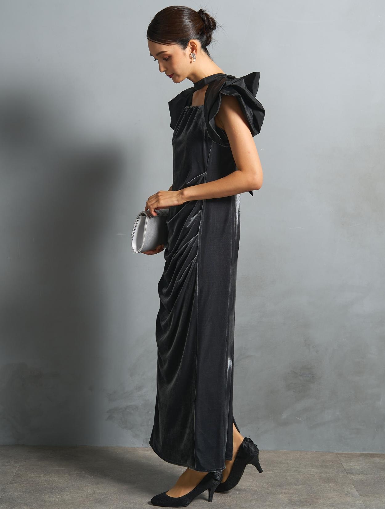 M/L】ベロア×タフタドレープドレス（グレー）DPSET0869のレンタル