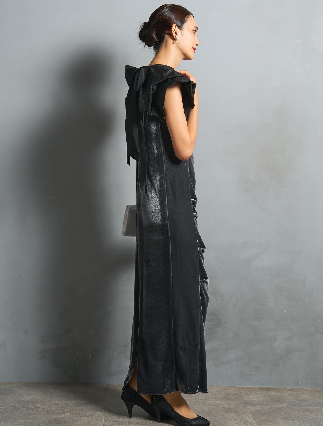 M/L】ベロア×タフタドレープドレス（グレー）DPSET0869のレンタル