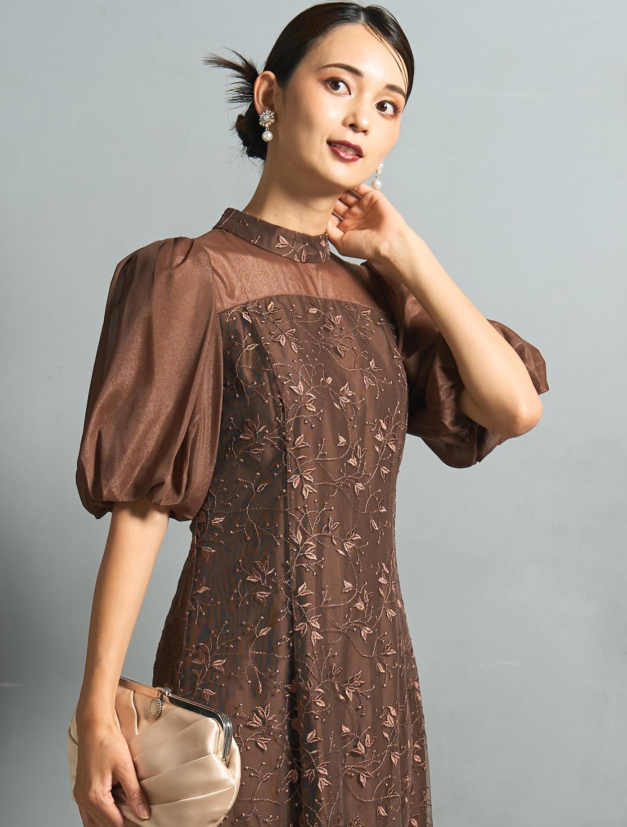 M/L】ボタニカル刺繍レースドレス（ブラウン）DPSET0887のレンタル
