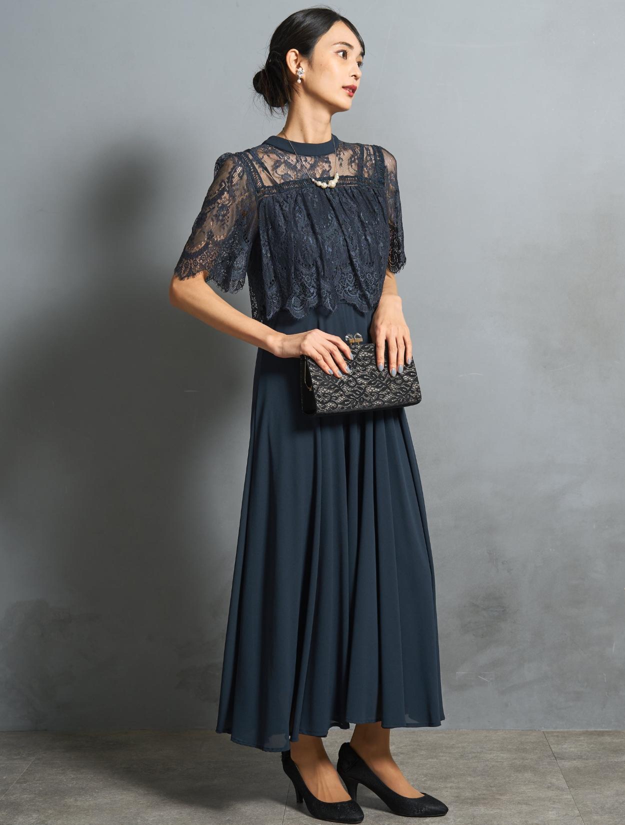 M/L】ブラウス風レースロングドレス（ネイビー）DPSET0894のレンタル
