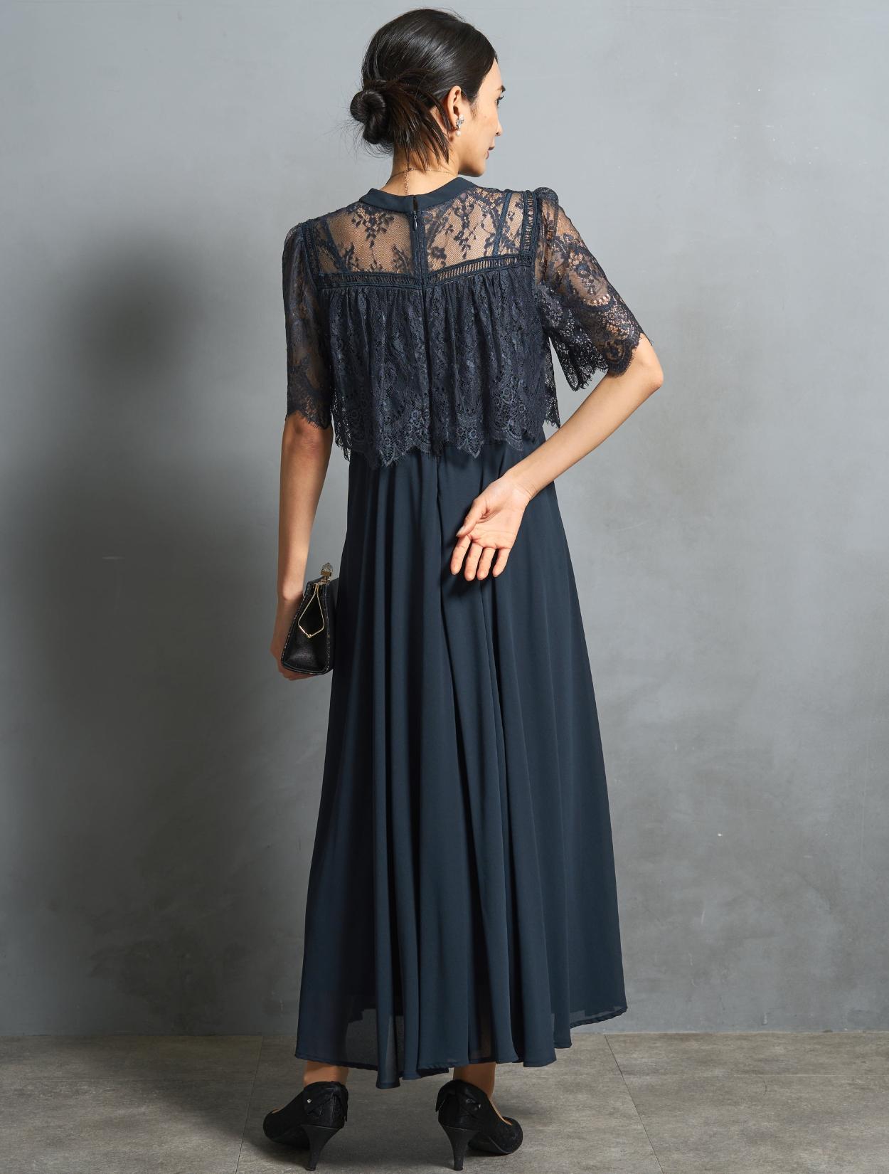 M/L】ブラウス風レースロングドレス（ネイビー）DPSET0894のレンタル