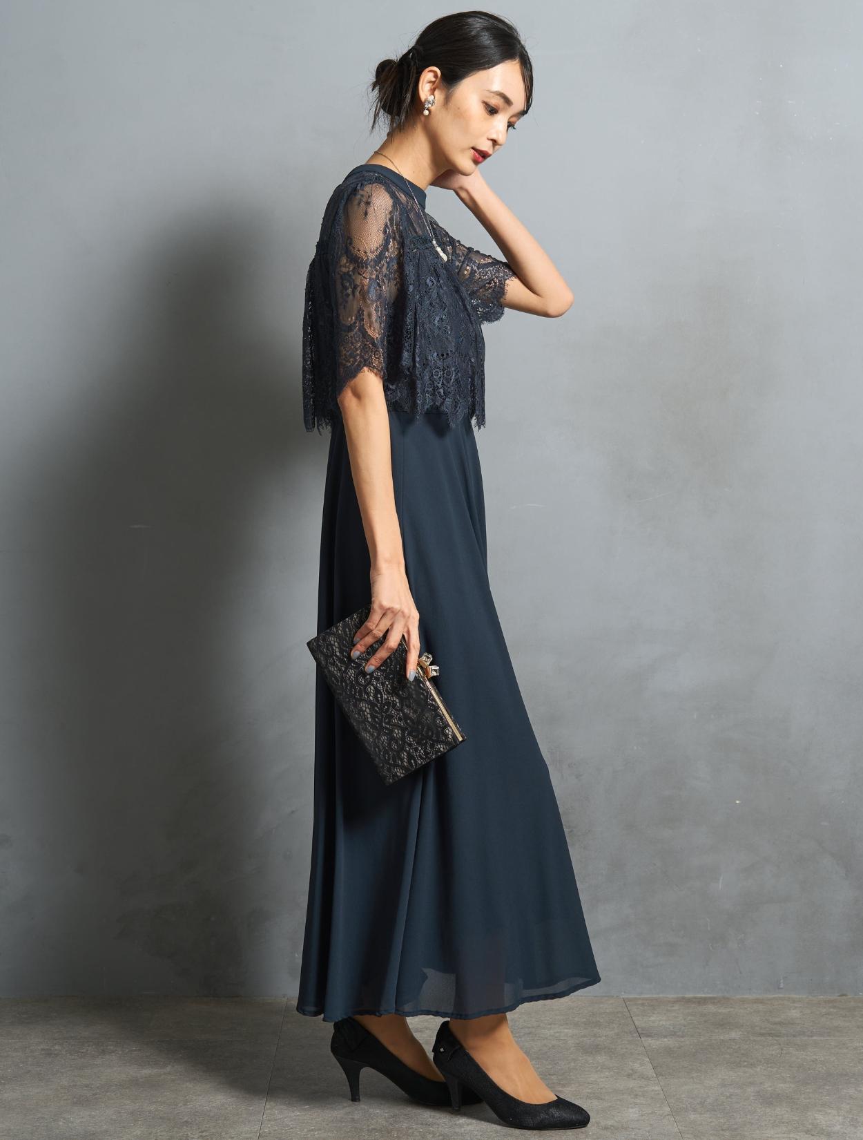 M/L】ブラウス風レースロングドレス（ネイビー）DPSET0894のレンタル