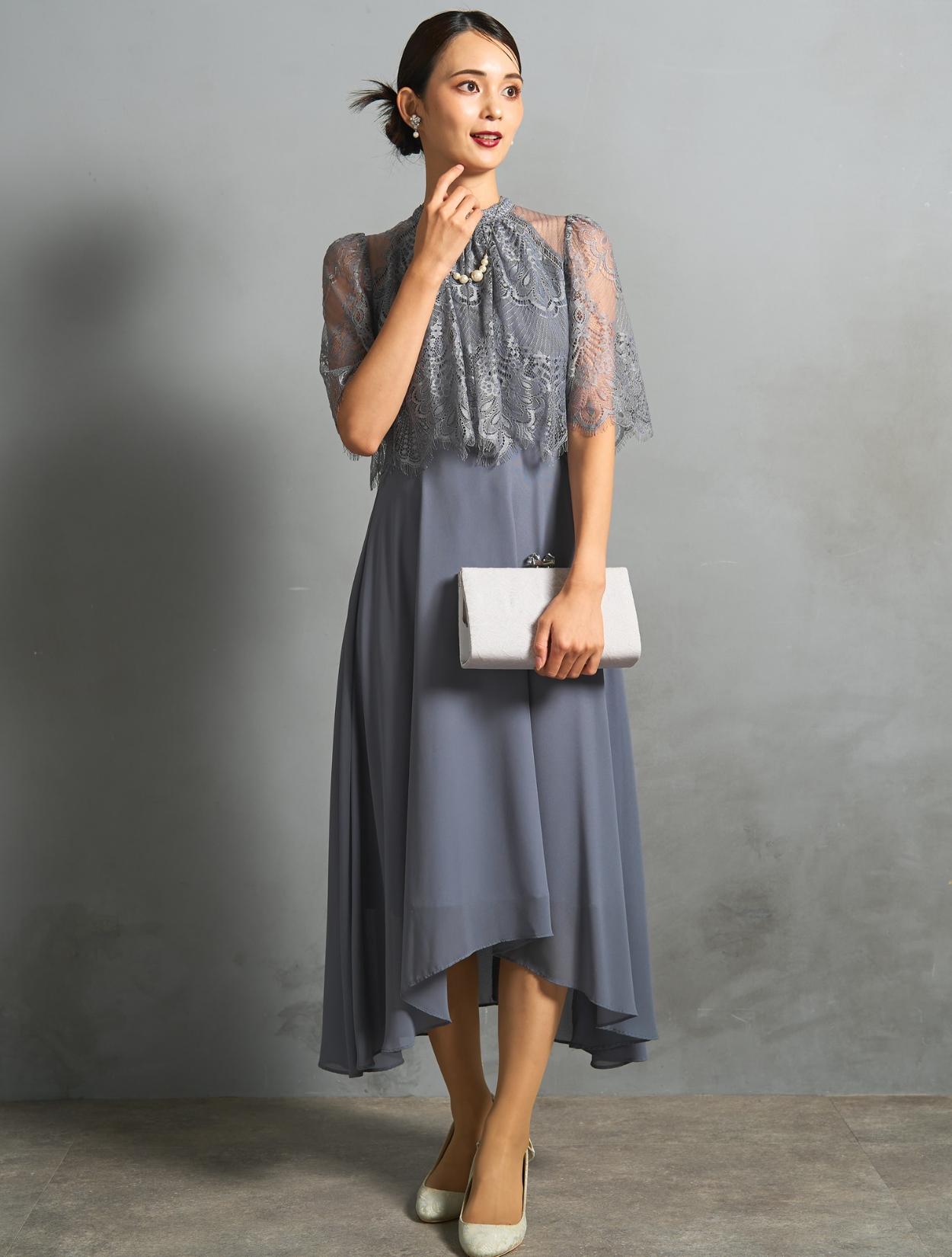 M/L】レーストップスヘム裾ドレス（ブルーグレー）DPSET0768のレンタル