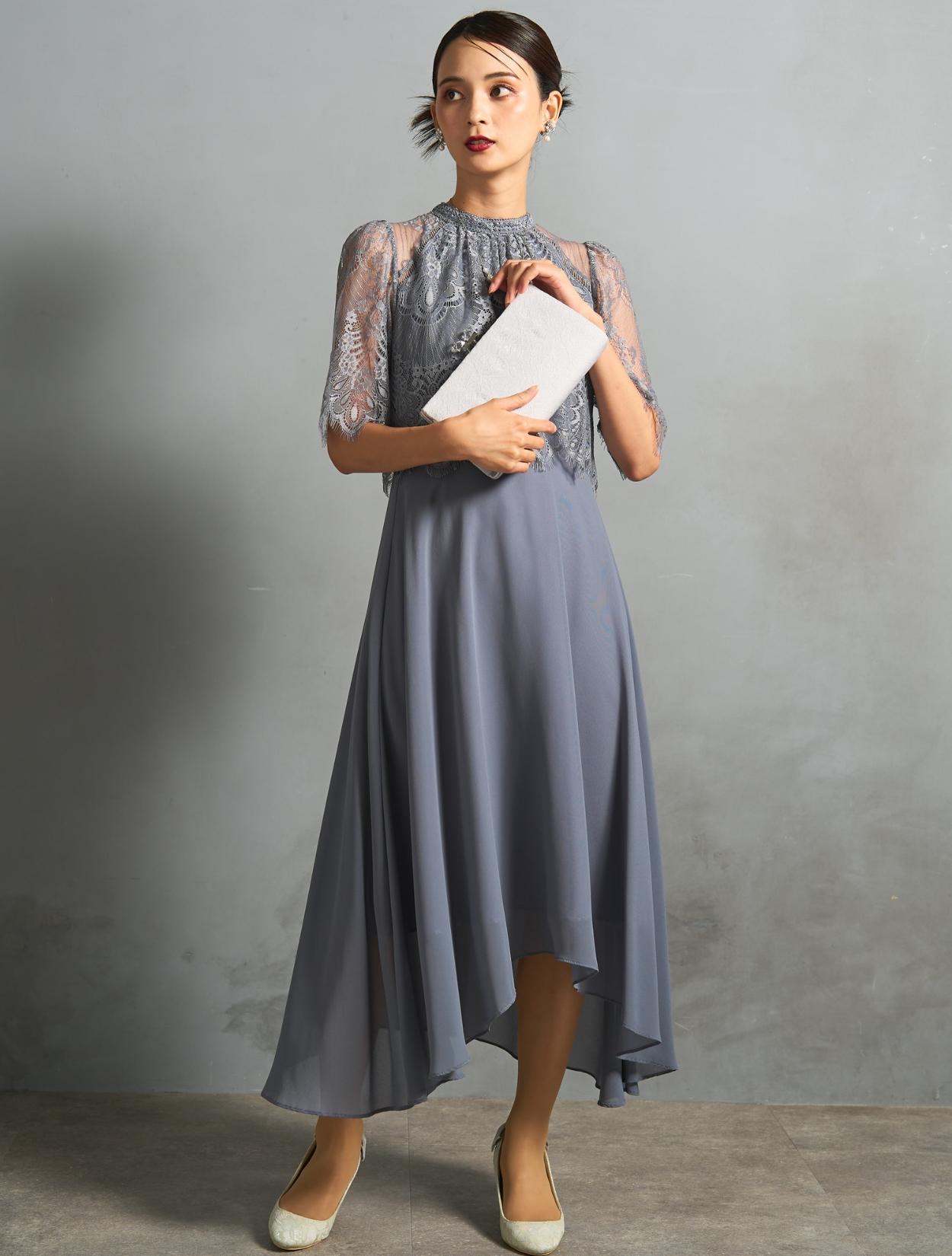 M/L】レーストップスヘム裾ドレス（ブルーグレー）DPSET0768のレンタル