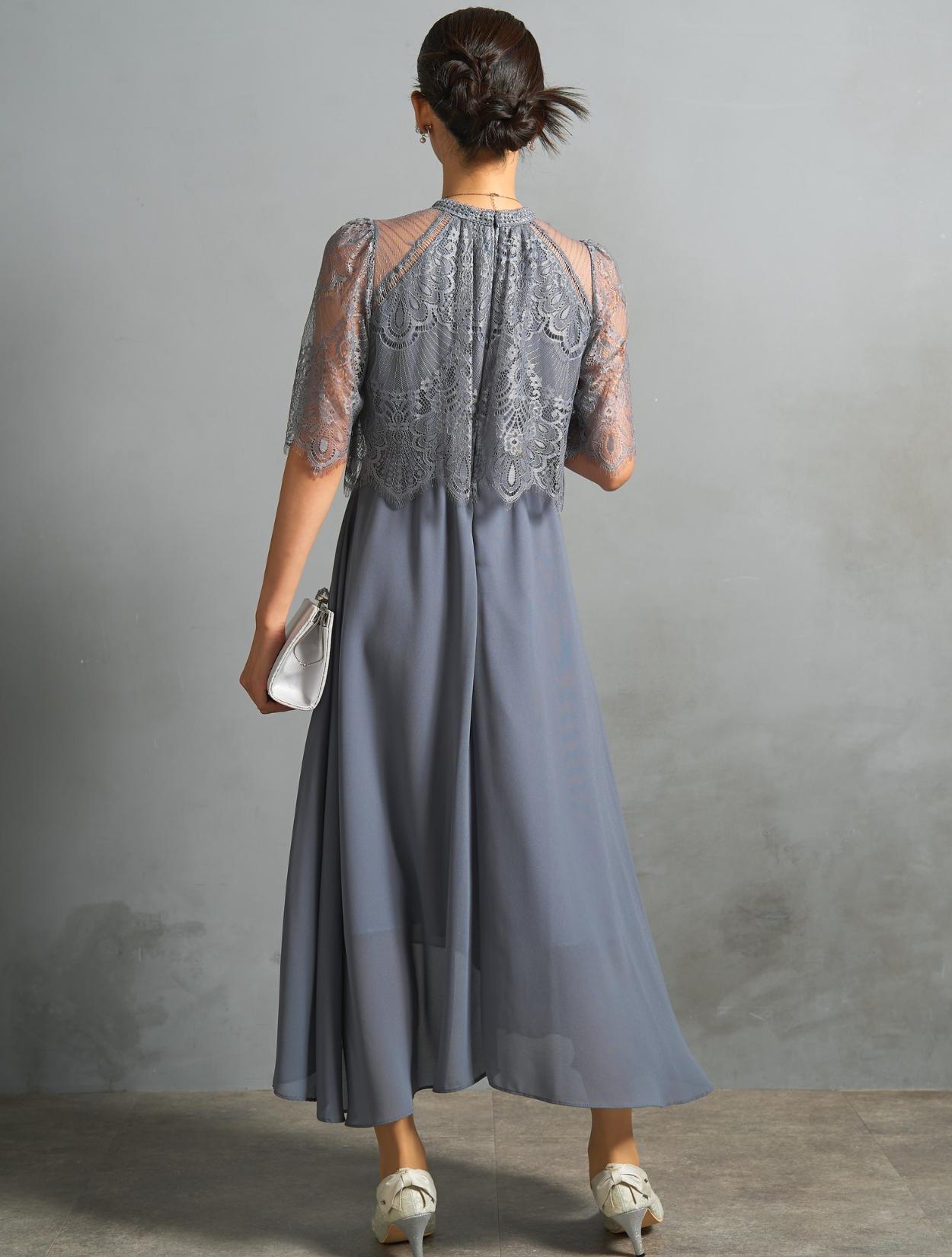 M/L】レーストップスヘム裾ドレス（ブルーグレー）DPSET0768のレンタル