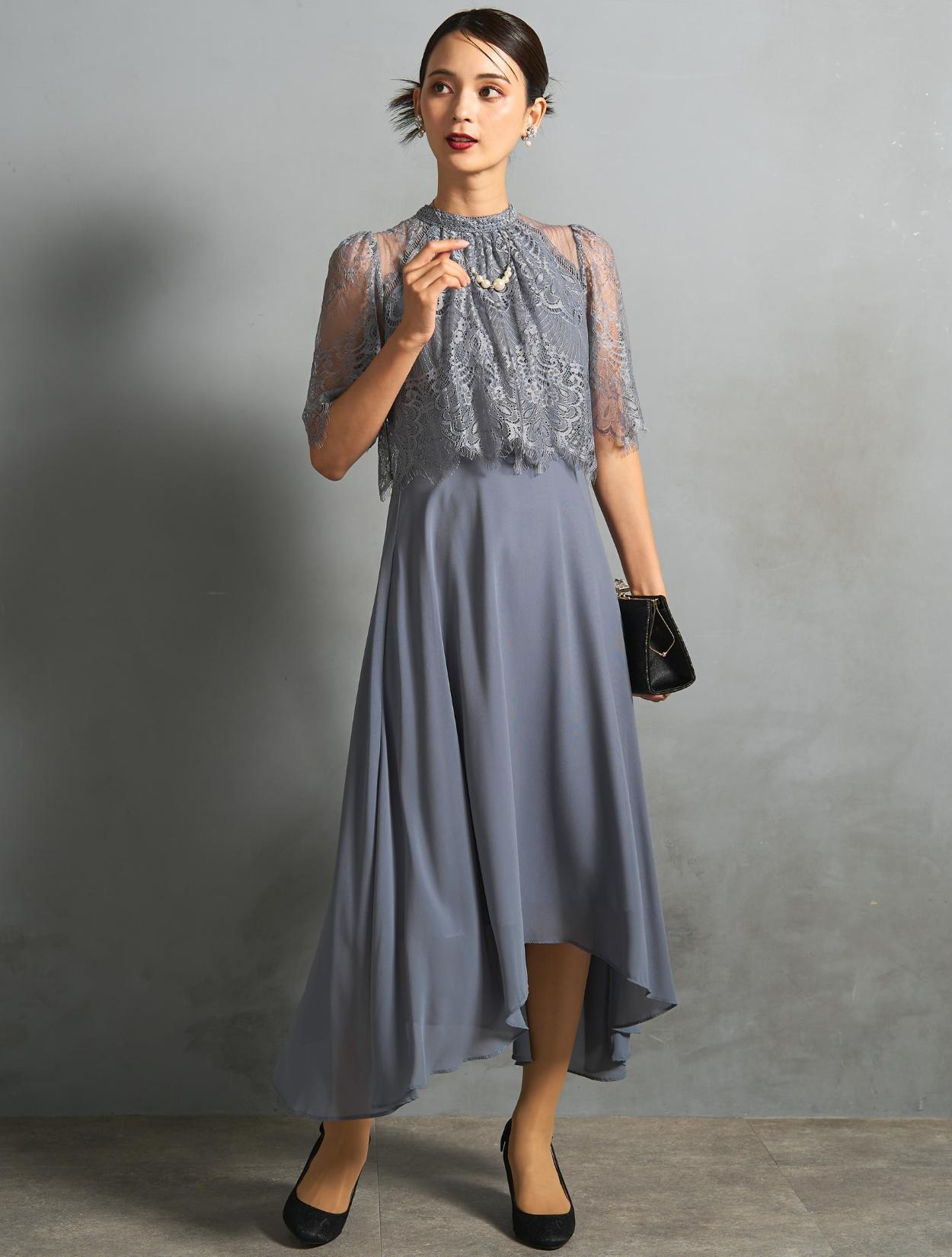 M/L】レーストップスヘム裾ドレス（ブルーグレー）DPSET0770のレンタル