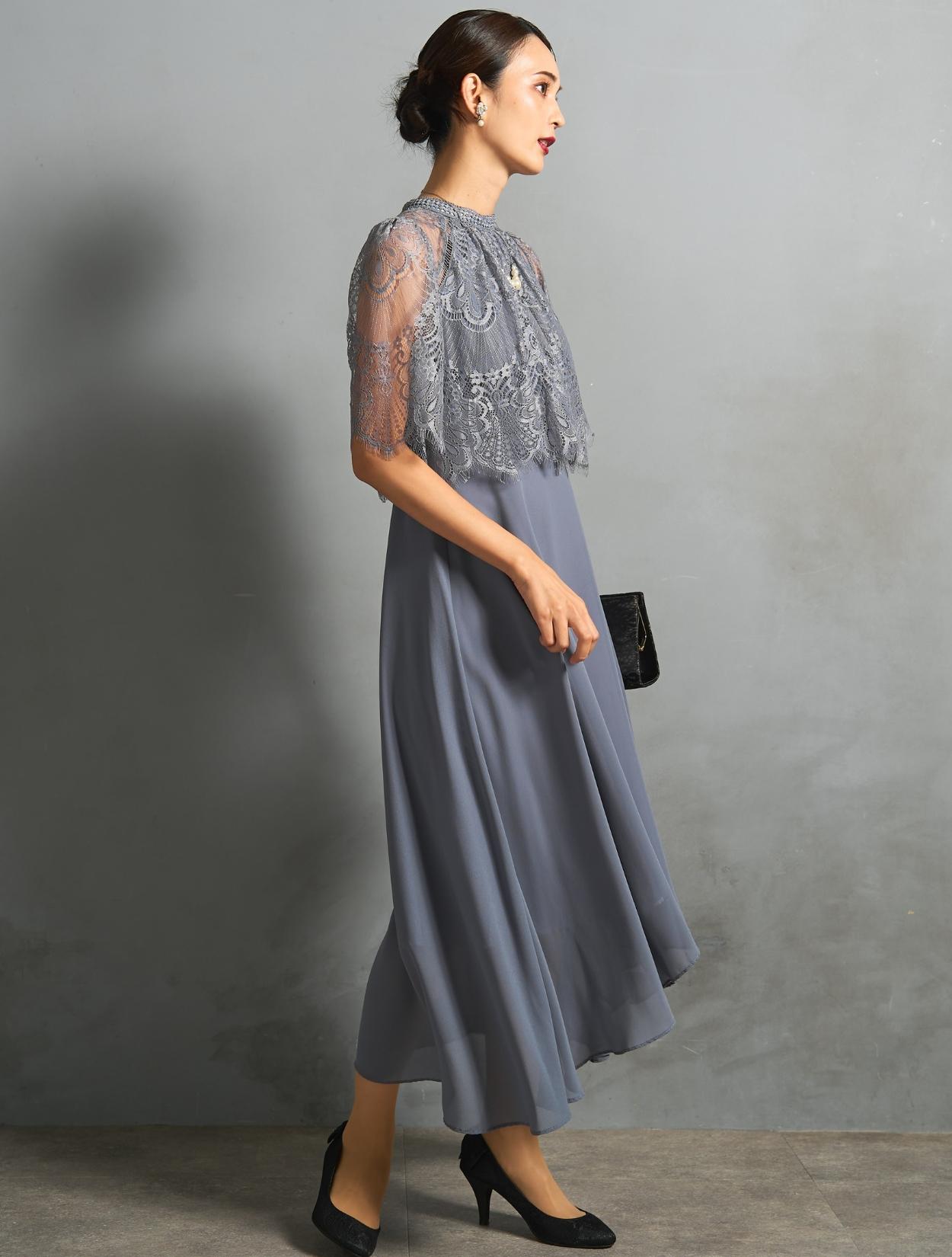 M/L】レーストップスヘム裾ドレス（ブルーグレー）DPSET0770のレンタル