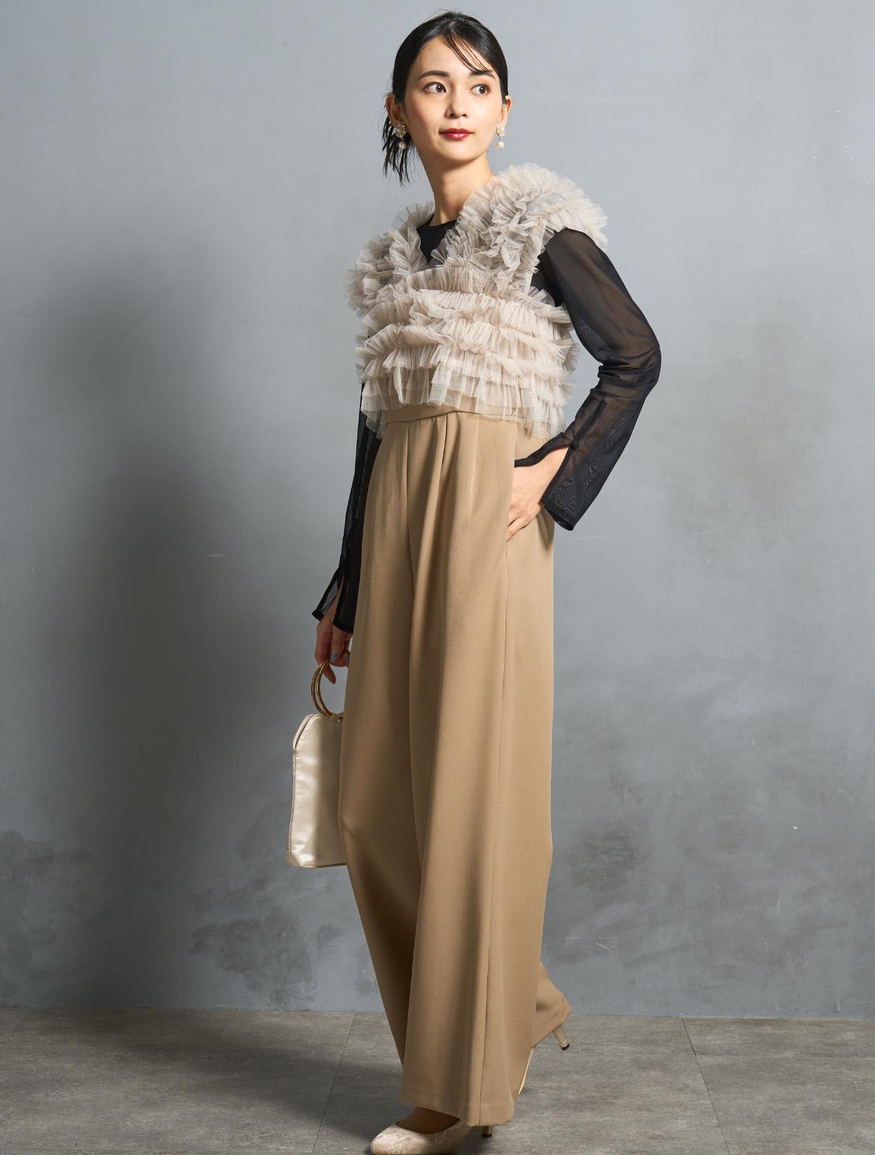 S/M/L】チュールTOPS付オールインワンドレス（ベージュ）ブラウス