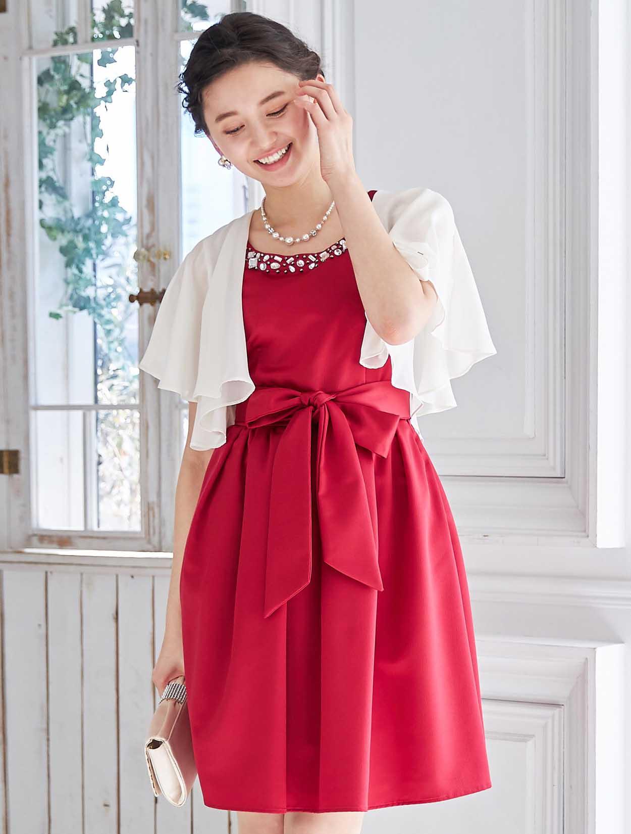 S～L】クリスタルビジュー付きレースアップドレス（レッド）DPSET0213