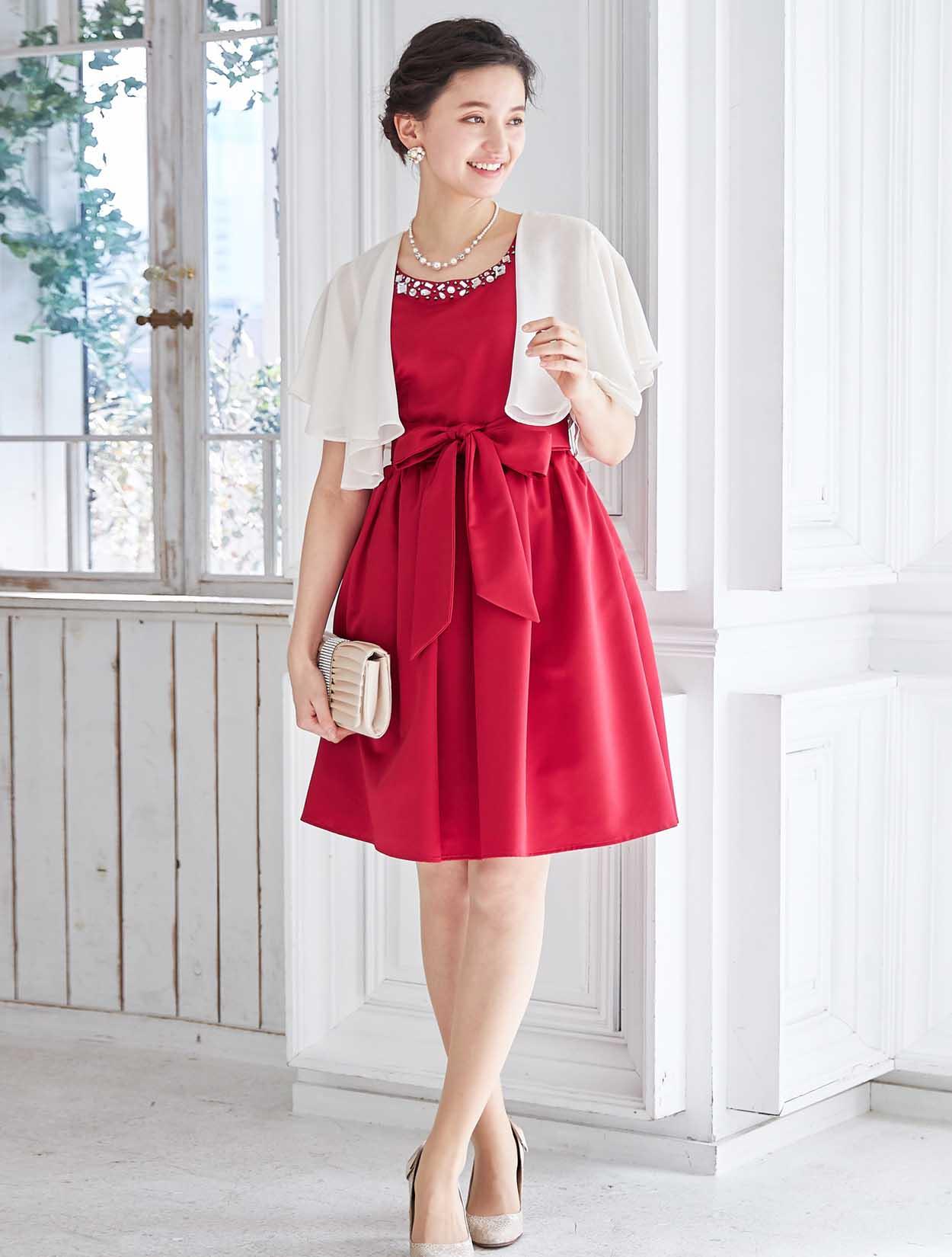 S～L】クリスタルビジュー付きレースアップドレス（レッド）DPSET0213